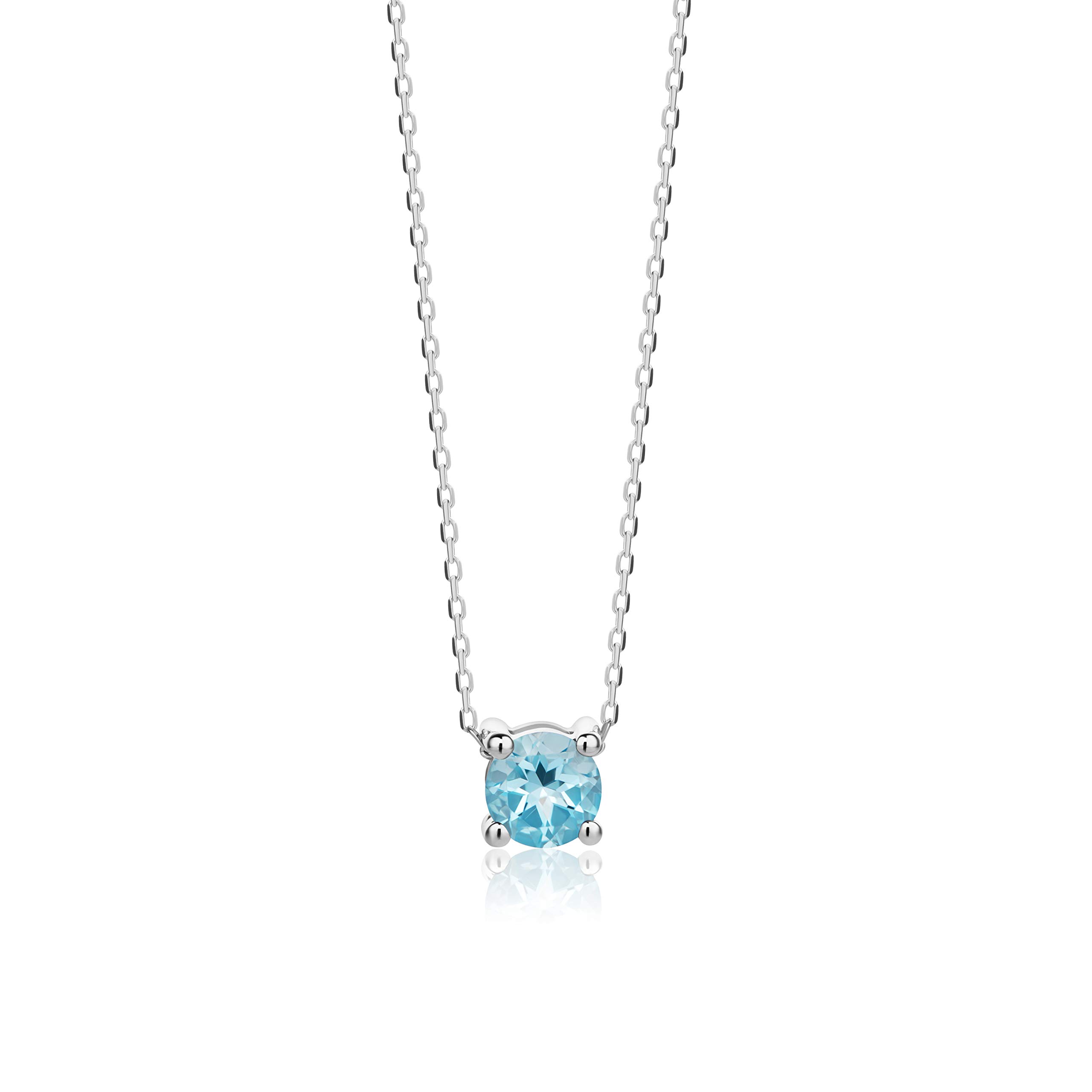 Women Jewelry 14K (585) Necklaces White Gold Round Blue Topaz Pendant on 17.7" 14K White Gold Anchor Chain