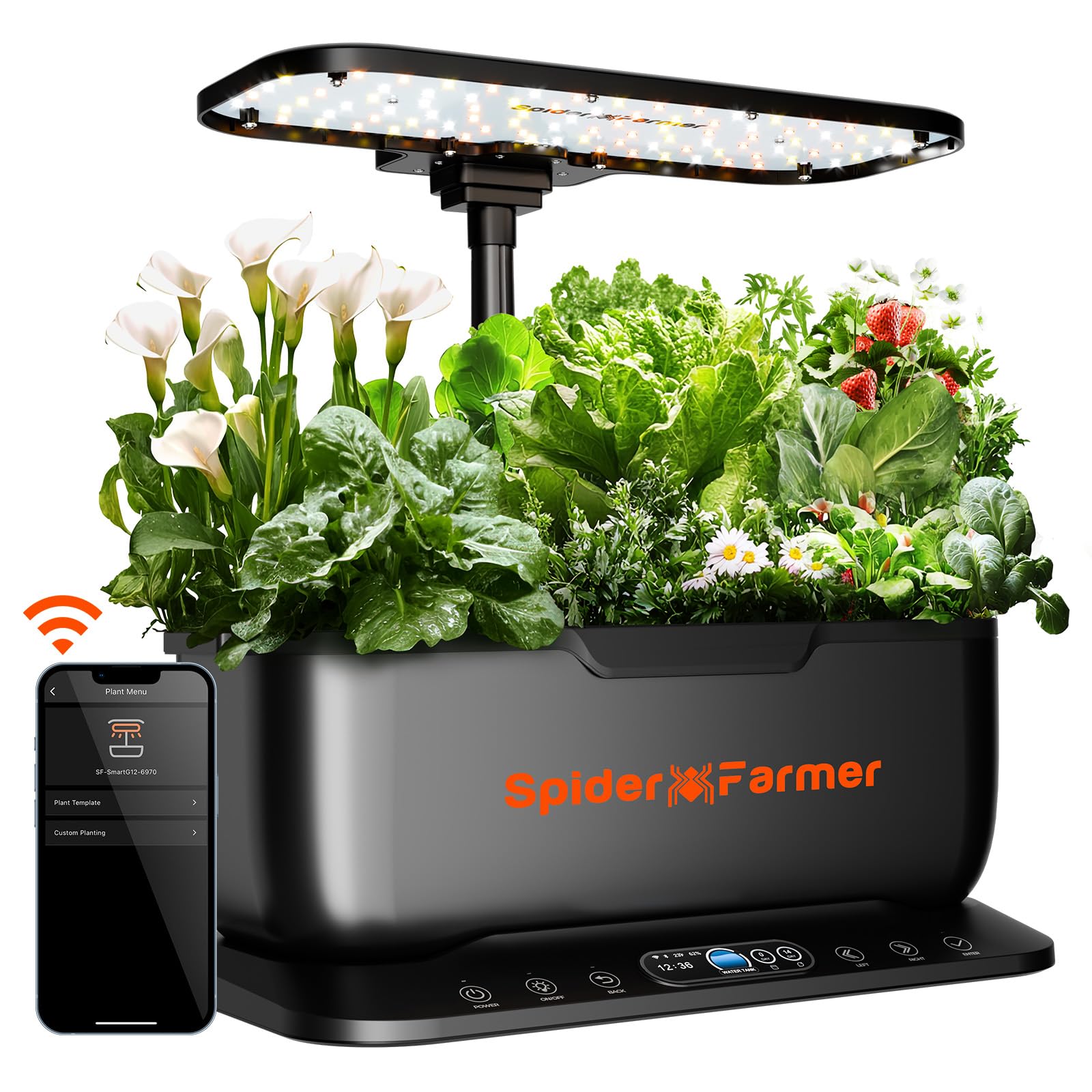 Spider FarmerSmartG12 Hydroponics Growing System, 12 Pods Indoor Garden with 36W LED Grow Light Full-Spectrum, APP & WiFi Controlled, 6L Water Tank, Pump System, Automatic Timer