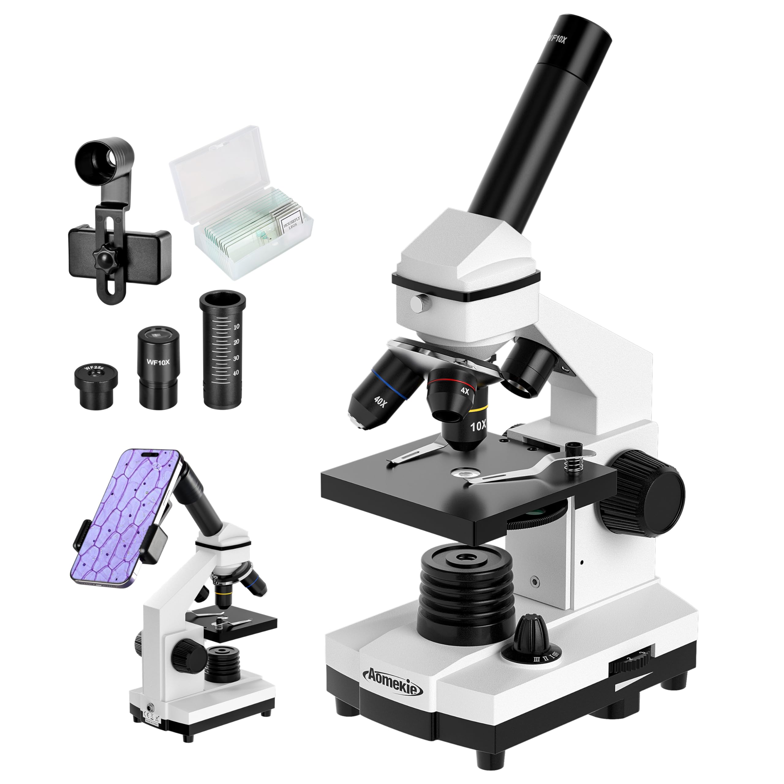 Aomekie Biological Compound Microscope for Adults 40X-2000X Magnification Monocular Microscope Kit with Slides Dual Led Light and Phone Adapter