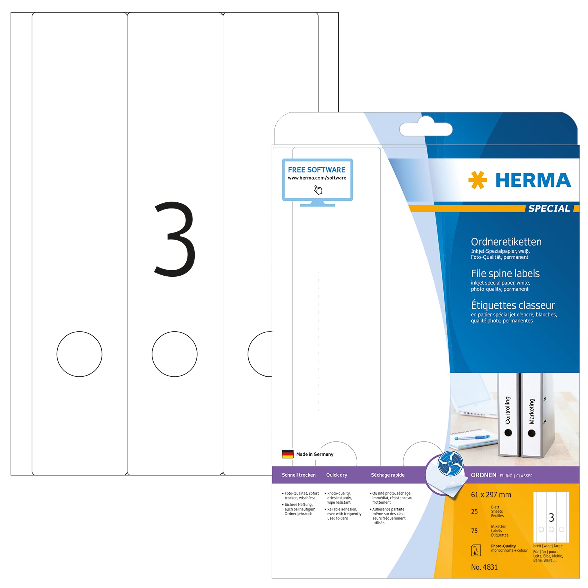 HERMA Self Adhesive Lever Arch File Labels, 3 Labels Per A4 Sheet, 75 Labels For Inkjet Printers, White, 61 x 297 mm (4831)