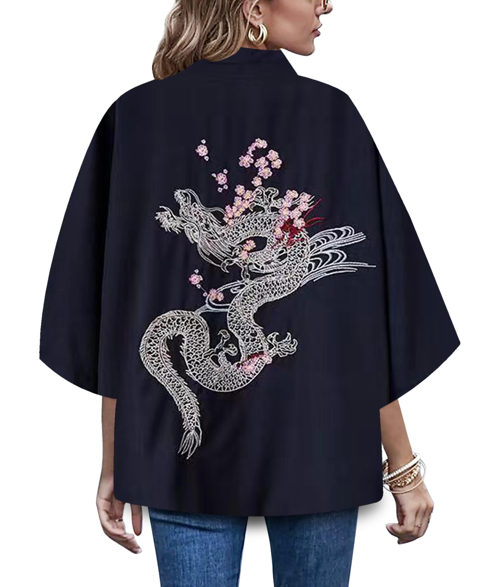 LAI MENG FIVE CATSWomens Summer Loose fit Dragon or Crane Japanese Kimono Cover up OneSize US S-XL