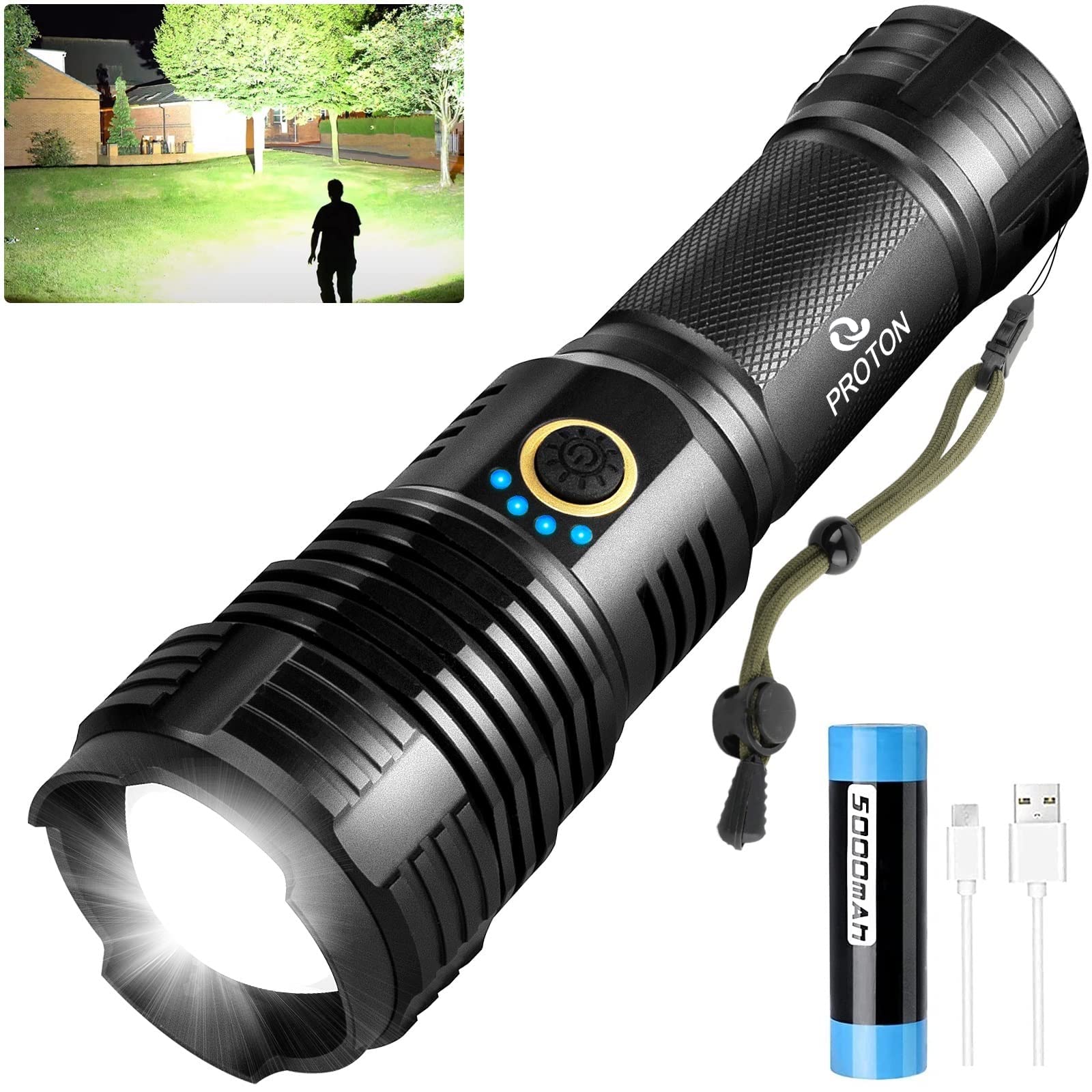 Proton Rechargeable Led Flashlights High Lumens, 90000 Lumens Super Bright Tactical Flashlight with 5 Light Modes and 26650 Battery Zoomable Waterproof Flashlight for Hiking Camping Cycling