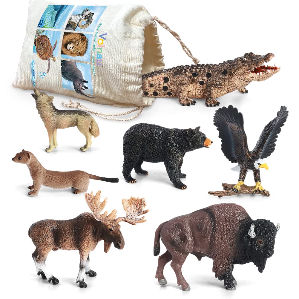 Volnau Safari Animal Figurines Toys 7PCS North America Figures Zoo Pack for Toddlers Kids Christmas Decoration Gift Preschool Educational Moose Wolf Bear Jungle Forest Woodland Set