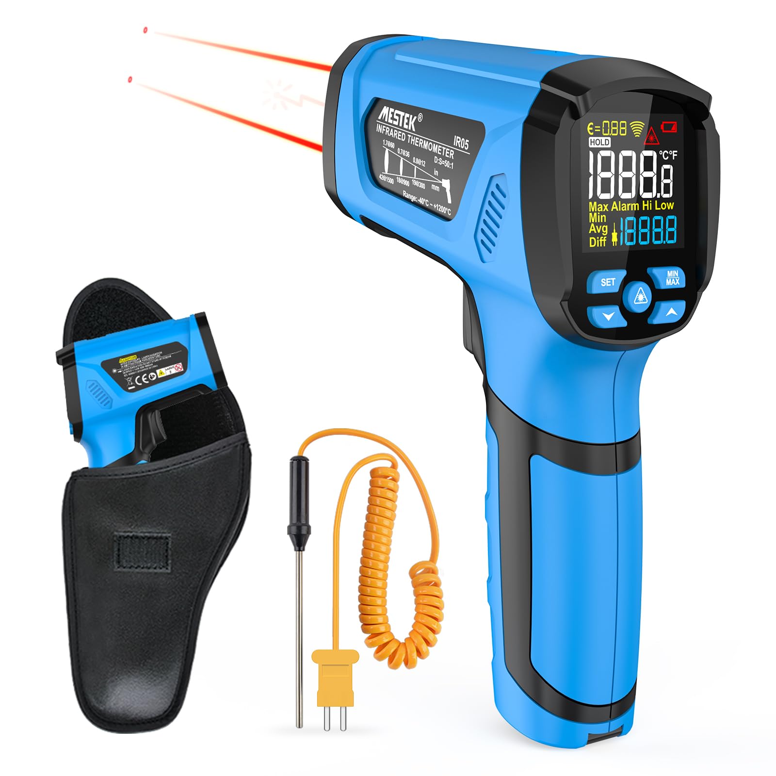 MESTEKInfrared Thermometer Temperature Gun, -40℉ to 2192℉ Dual Laser High Temp Thermometer with LCD Color Display, Non-Contact Industrial Pyrometer 50:1 Distance Ratio, Adjustable Emissivity