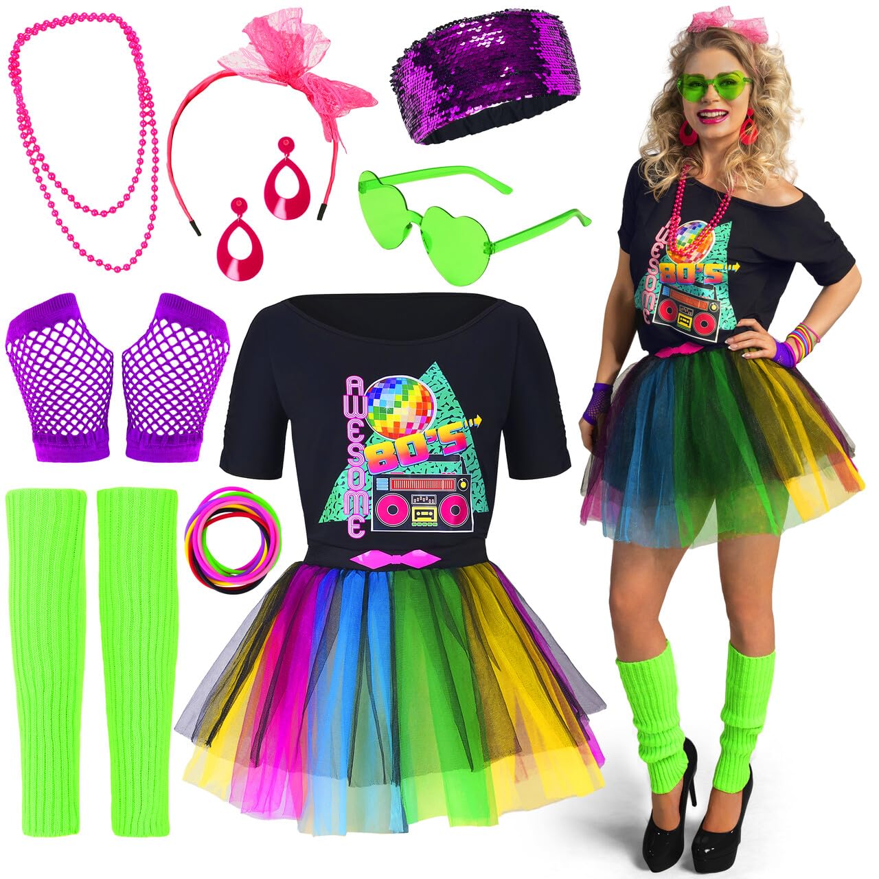 Spooktacular Creations 80s Costume Set with T-Shirt Tutu Headband & Other Halloween Cosplay Accessories