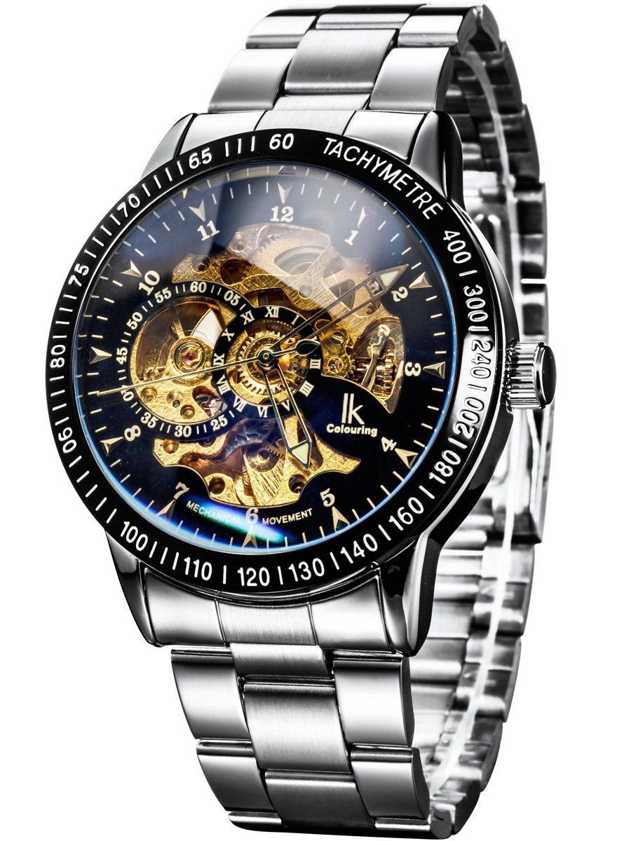 AlienworkIK Automatic Watch for Men and Women Silver Black Steel Bracelet Skeleton Glass Bottom