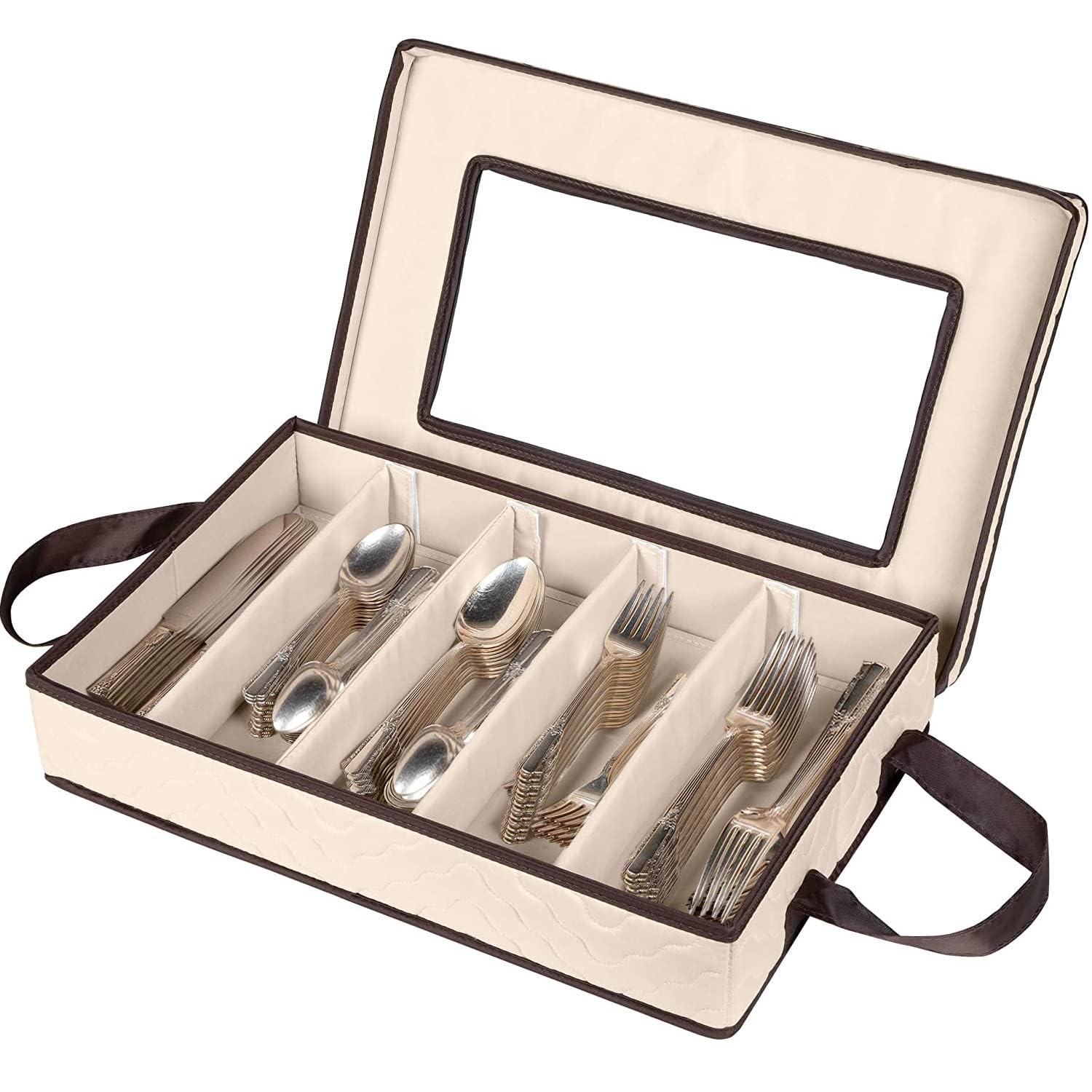 Flatware Storage Case - Durable 5 Compartment Silverware Storage Container Box with Removable Lid and Easy to Carry Handles - Large Capacity Keeps Your Cutlery Organized & Protected