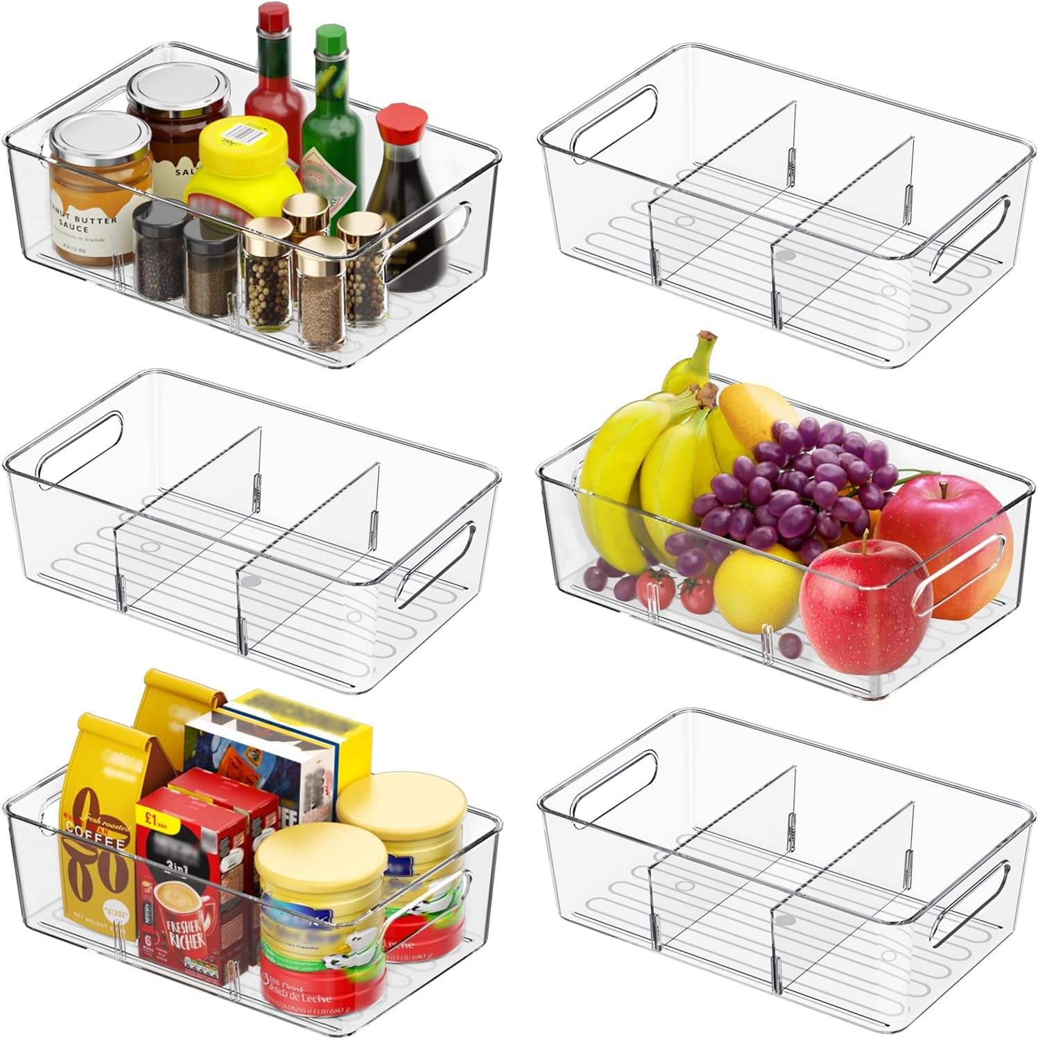 6 Pack Clear Organizer Bins, Refrigerator Pantry Organizers with Removable Dividers for Fridge, Kitchen, Cabinet, 11.2" Long