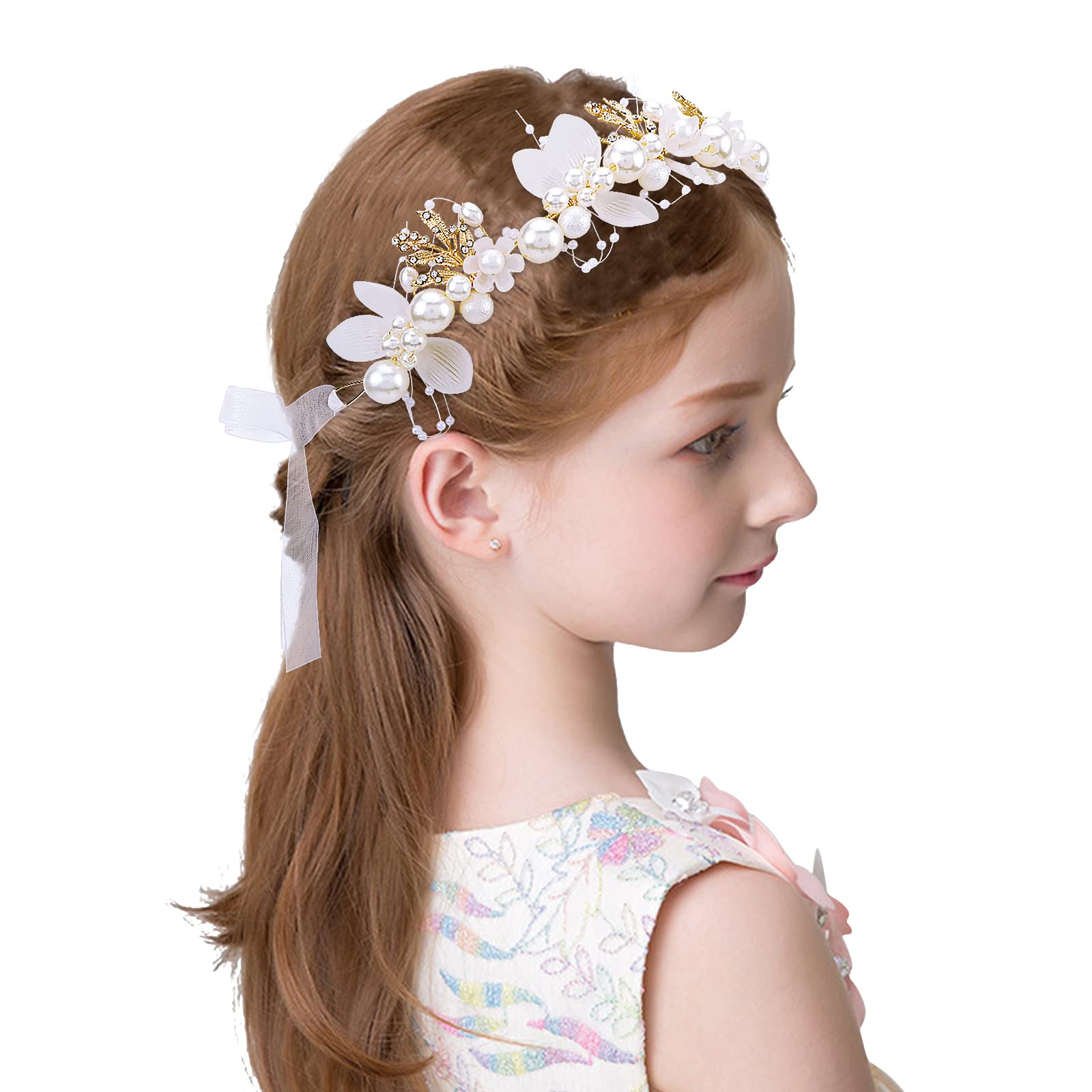 Casoty Flower Girl Hair Accessory, Flower Girl Headpiece, Flower Crown for Girls, Pearl Headband for Girls, Flower Pearl Hair Accessories for Wedding Birthday Party Photography Prom