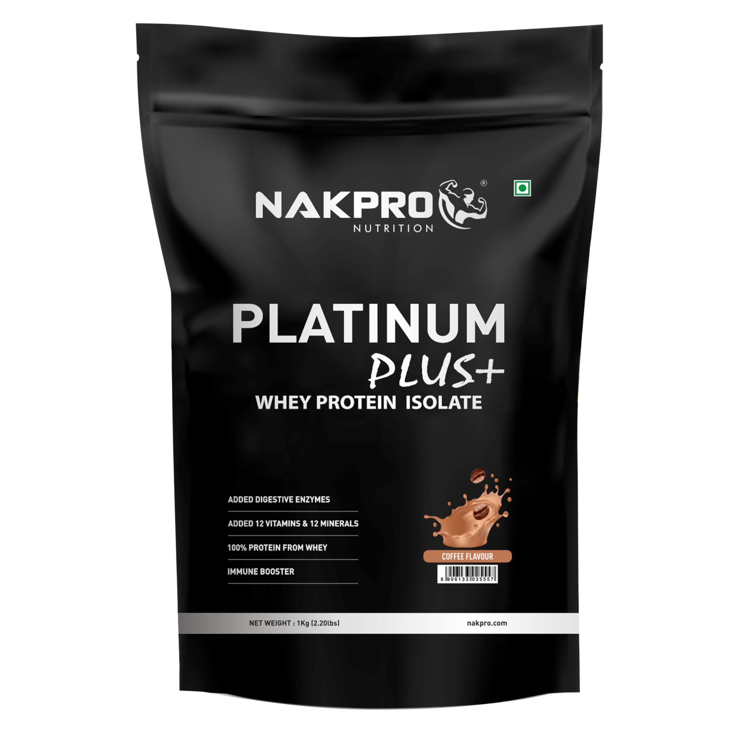 NAKPRO Platinum Plus+ Whey Protein Isolate with Digestive Enzymes | 28g Protein, 6.36g BCAA | Added Vitamins & Minerals (Coffee, 1 Kg)