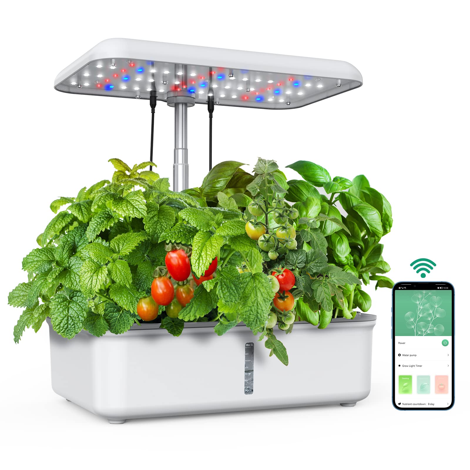 WiFi 14 Pods Hydroponics Growing System, Smart Hydro Indoor Herb Garden with LED Grow Light Up to 20.6", Automatic Timer, Plants Germination Kit with Pump System for Home Kitchen Gardening(White)