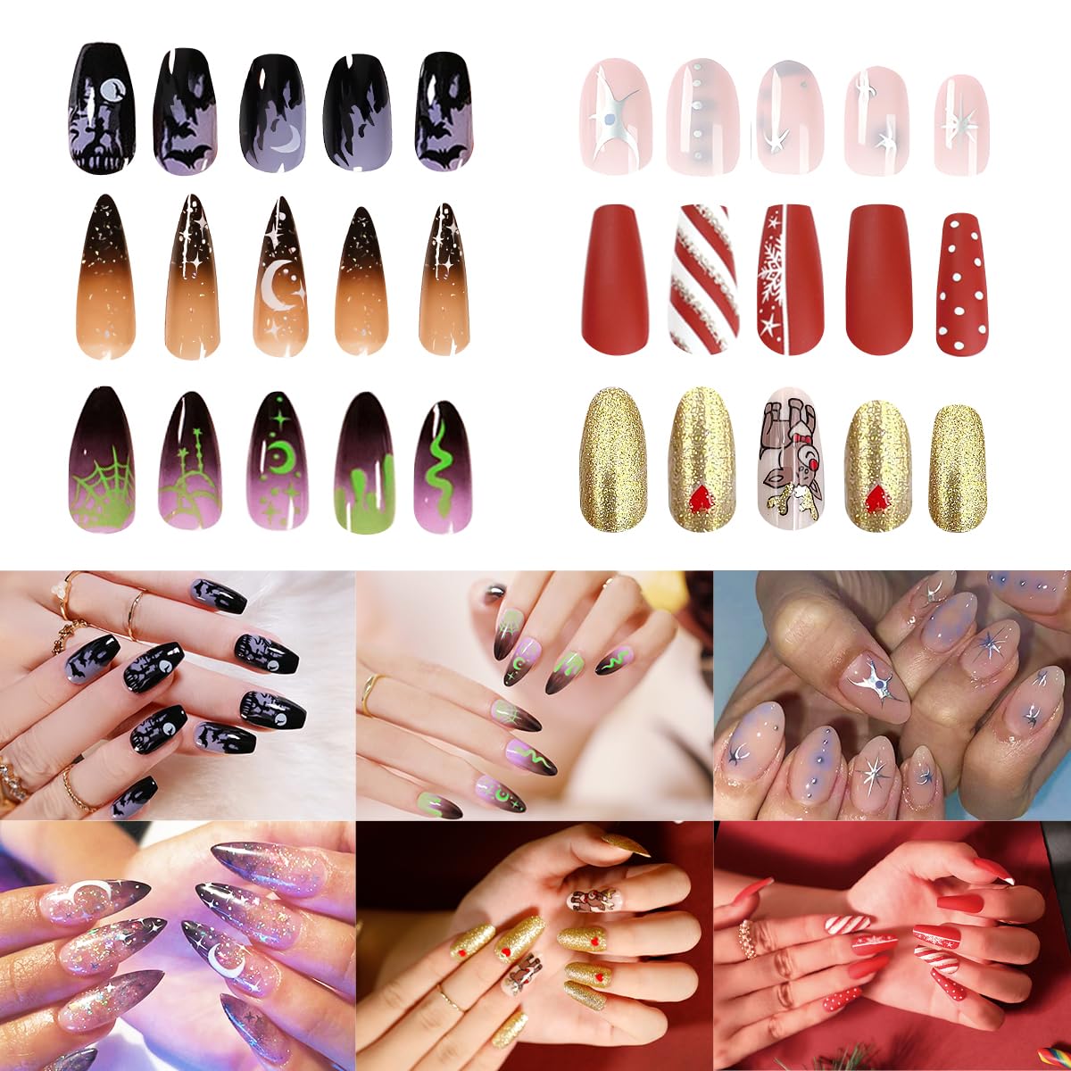 Press on Nails, 6 Packs (144 Pcs) False Nails with Glue Stickers, Coffin Full Cover Acrylic Nails Press on Nails with Nail Adhesive Tab for Women Girls Nails Art, Gift Box Packaging (Sequin Style)