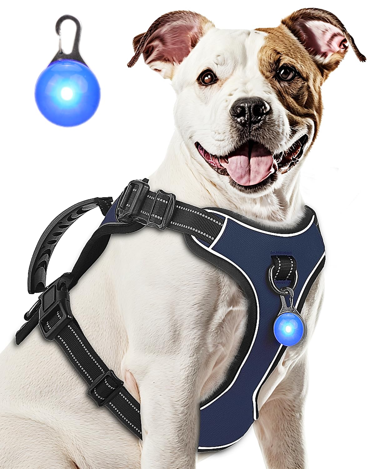 Perperqer No Pull Dog Harness for Medium Sized Dog and Small to Large Size Dogs, 3 Buckles for Easy on, Adjustable Heavy Duty Harness Better Fit,Easy Walk Reflective Vest with Handle&Light,Dark Blue,M