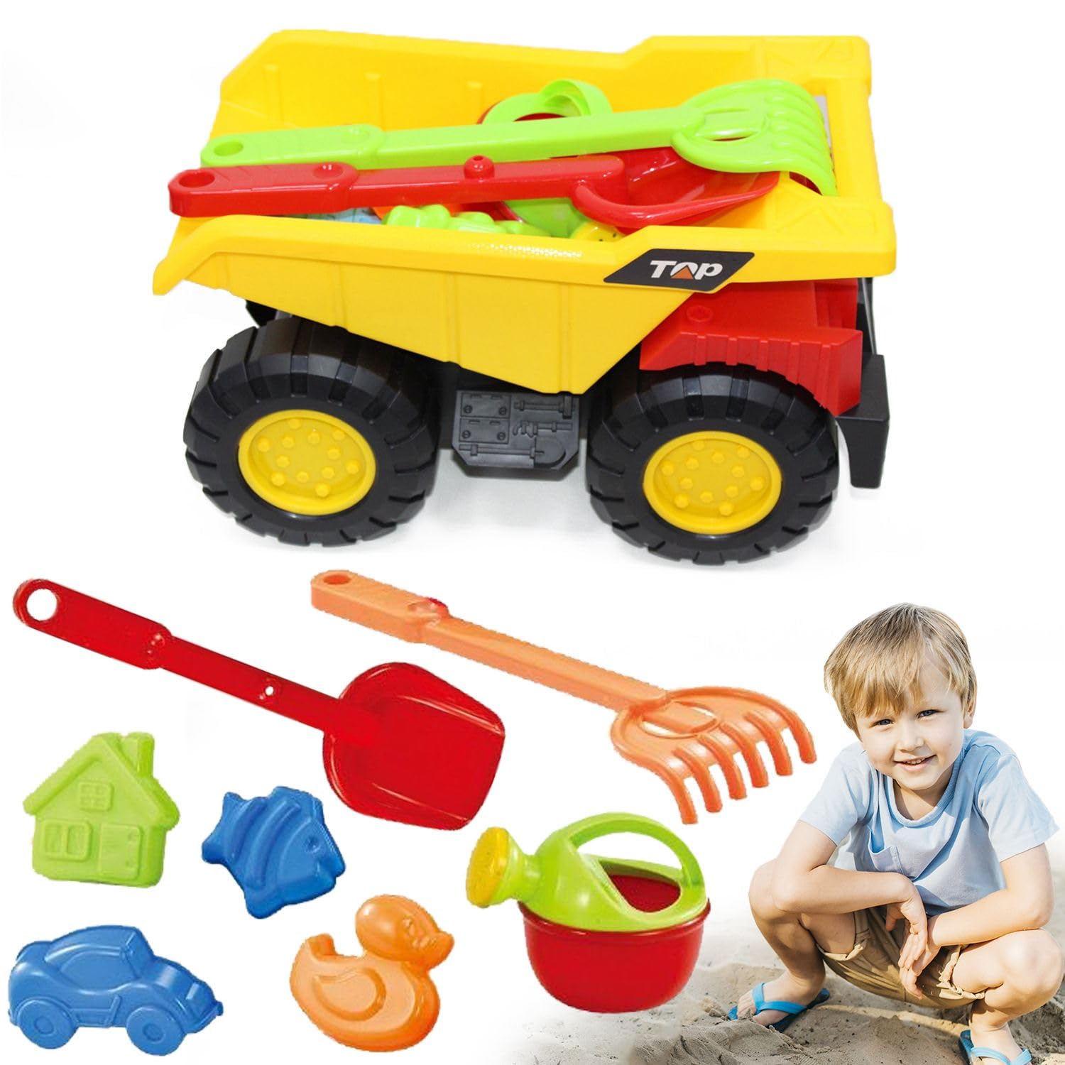 Beach Toys Sand Toys for Toddlers, Beach Sand Car Toys and Shovels Kids Beach Playsets Sandbox Toys for Kid Travel Outdoor Toys,Sand Trays Toy for Boys and Girls Birthday Party Favor (8 Pcs Yellow)