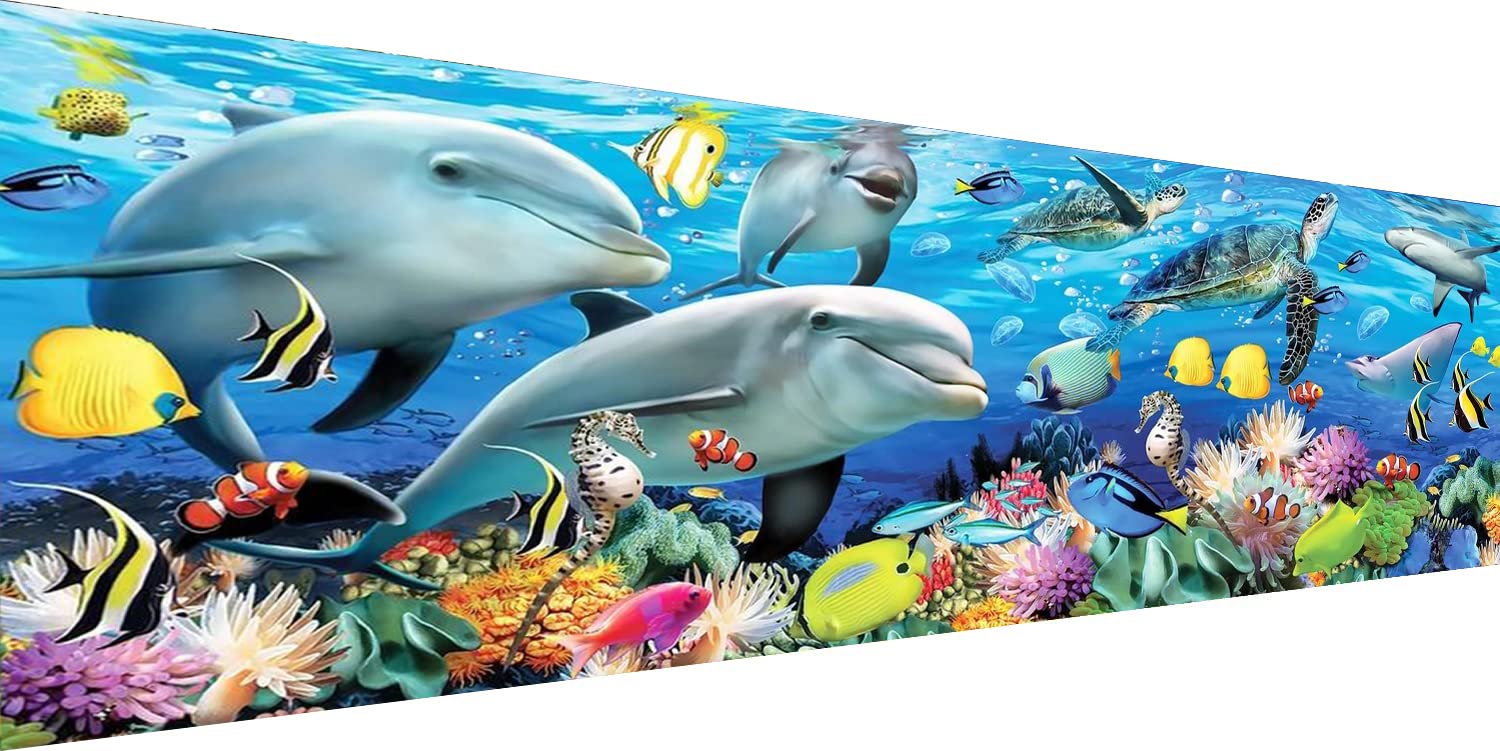 YALKIN 5D Large Diamond Painting Kits for Adults (35.4x11.8inch), Underwater Dolphin Full Round Drill Animal Scenery Pictures Arts Paint by Diamonds Kits Diamond Art Kits for Wall Decor Relax Gift