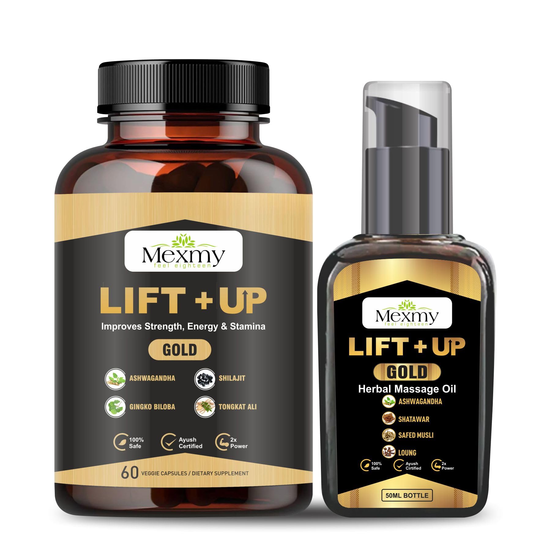 Gold Lift Pro Plus Combo Premium Massage Oil- 50ml & Ayurvedic Capsules - 60 Capsules For Men For Stamina, Muscle Growth, Immunity & Overall Wellbeing