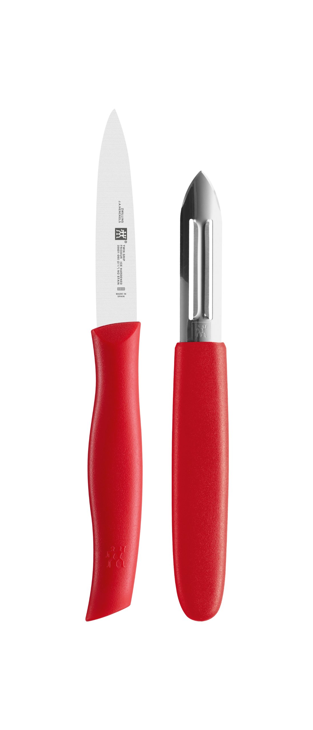 ZWILLINGT.Grip Knife + Peeler. Set of 2. stainless steel. Precision-stamped & Ice-hardened blade. Ergonomically contoured slip resistant, break-proof Polypropylene handles. Made in Spain