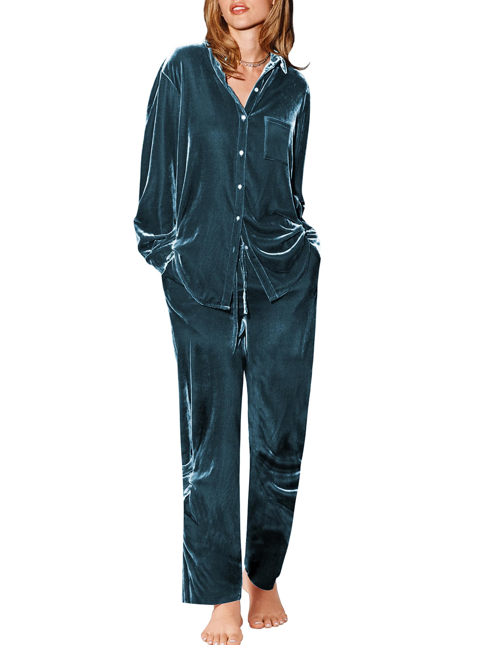 EkouaerWomens Velvet Pajamas Set Long Sleeve Button Up Sleepwear Soft 2 Piece Loungewear Pj Set