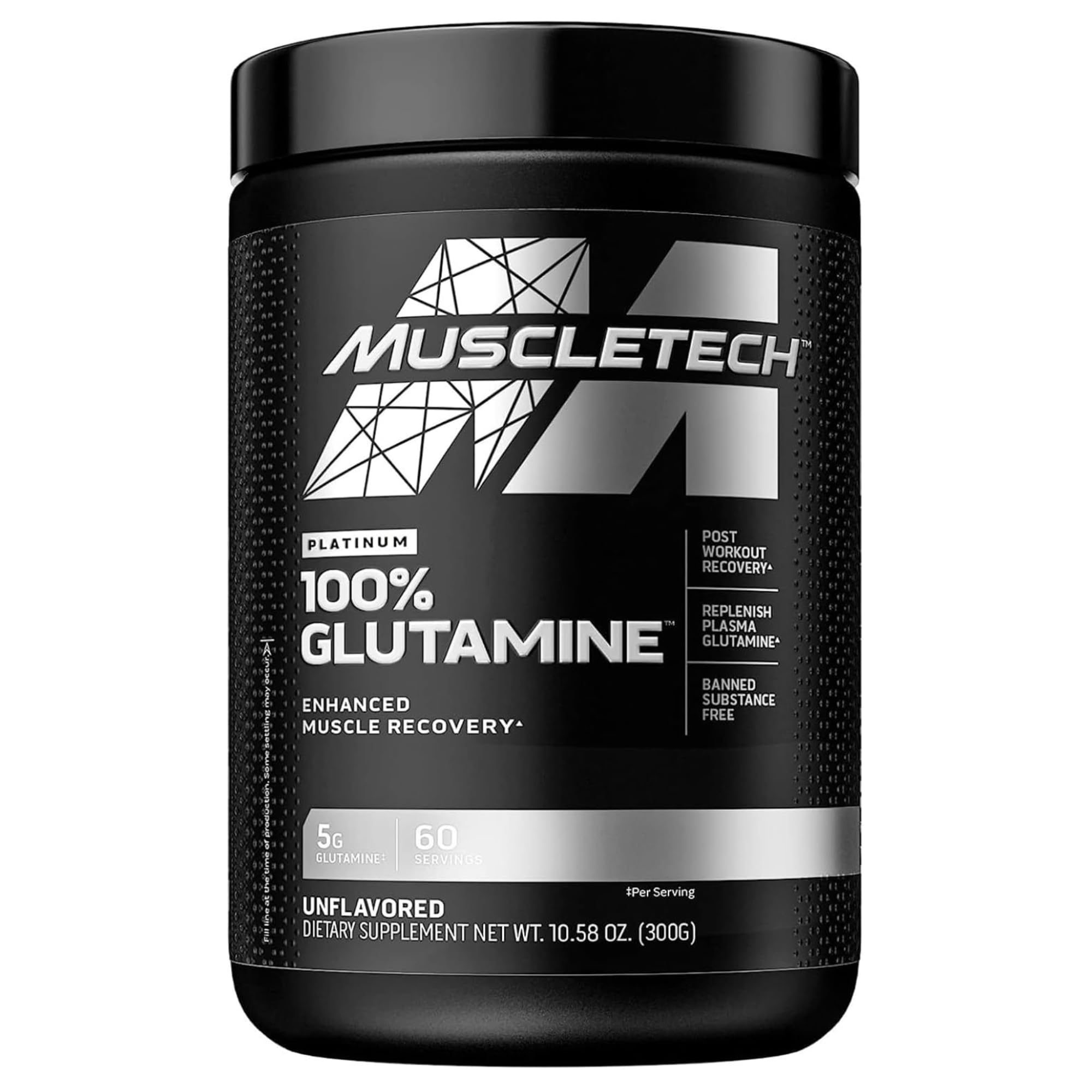 MuscleTech Platinum 100% Glutamine Enhanced Muscle Recovery , Replenish Plasma Glutamine & Banned Substance Free Post-Workout L-Glutamine Recovery Drink for Men & Women, Unflavored 300 grams