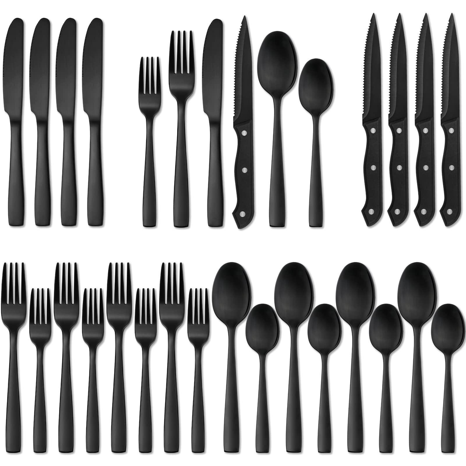 HIWARE24 Pieces Matte Black Silverware Set with Steak Knives for 4, Stainless Steel Flatware Cutlery Set, Hand Wash Recommended