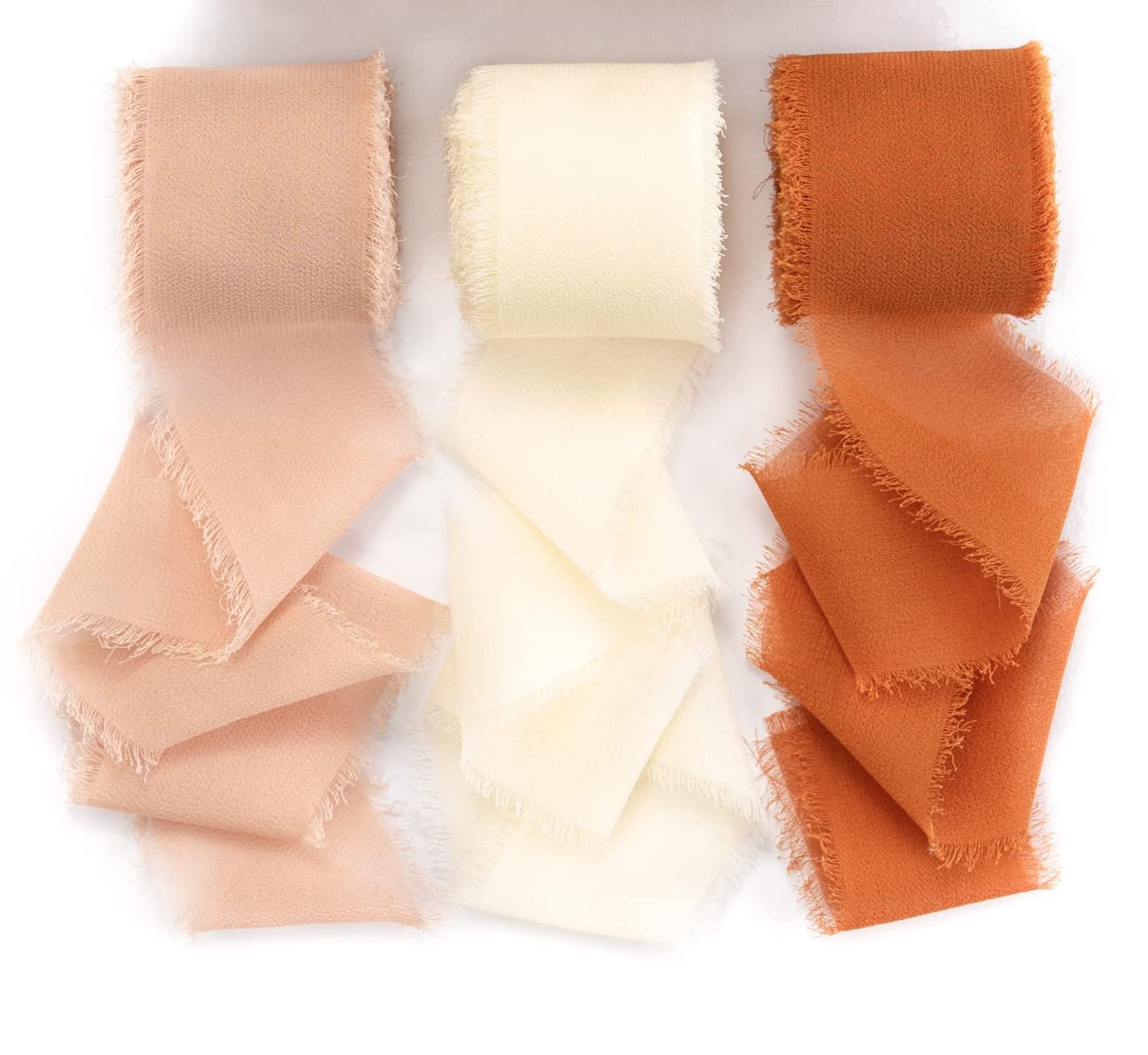 Excefore Handmade Fringe Chiffon Ribbon, 3 Rolls 4cm x 5 Yard(4.5m) Silk-Like Ribbon Cream Orange Ribbons Set for Wedding Invitations, Bridal Bouquets, Gifts Wrapping, DIY Crafts