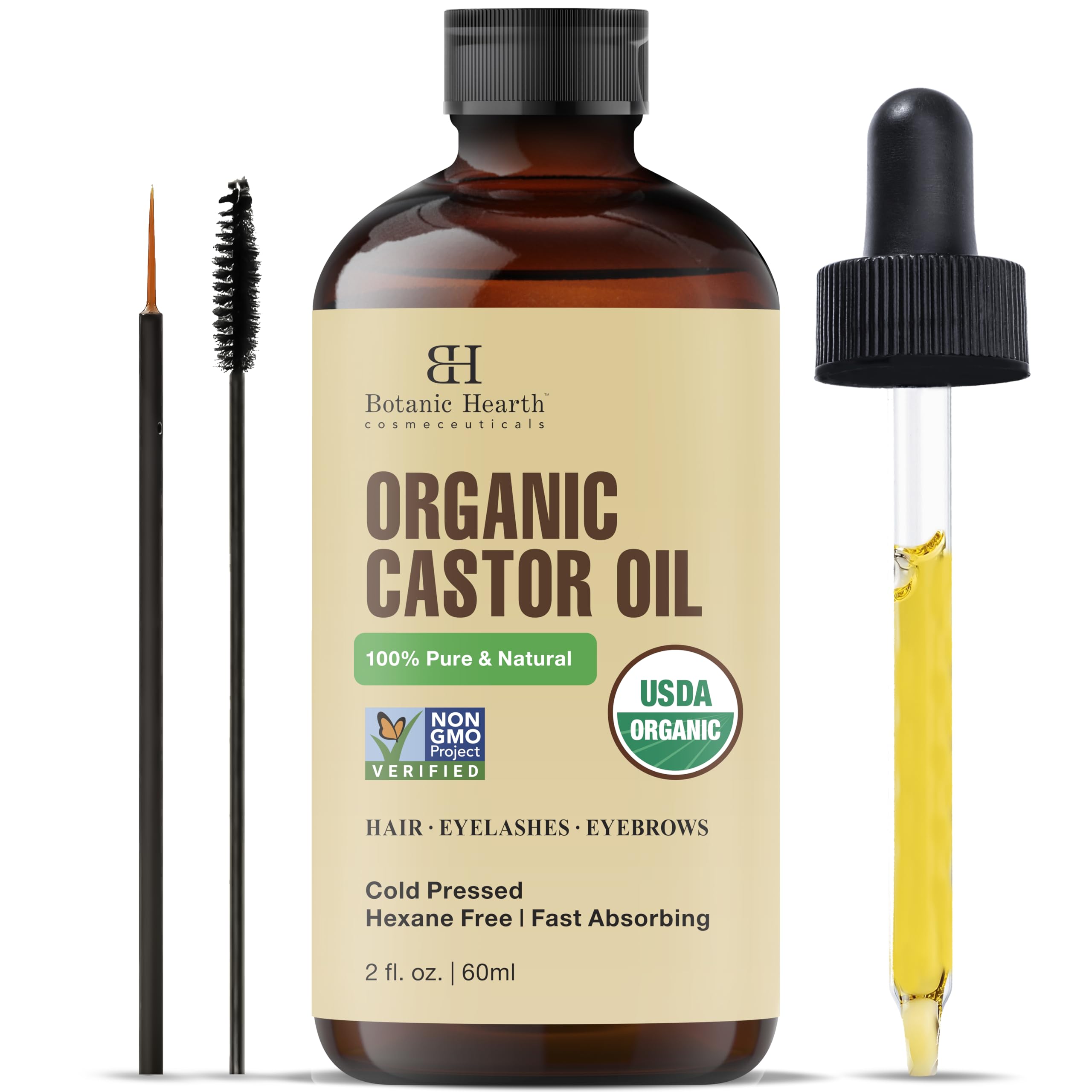 Botanic Hearth Castor Oil | USDA Certified Organic |100% Pure & Hexane Free | Cold Pressed | Growth for Eyelashes, Eyebrows, Hair | With Eyebrow & Eyelash Brush | (Glass Bottle 2fl oz)