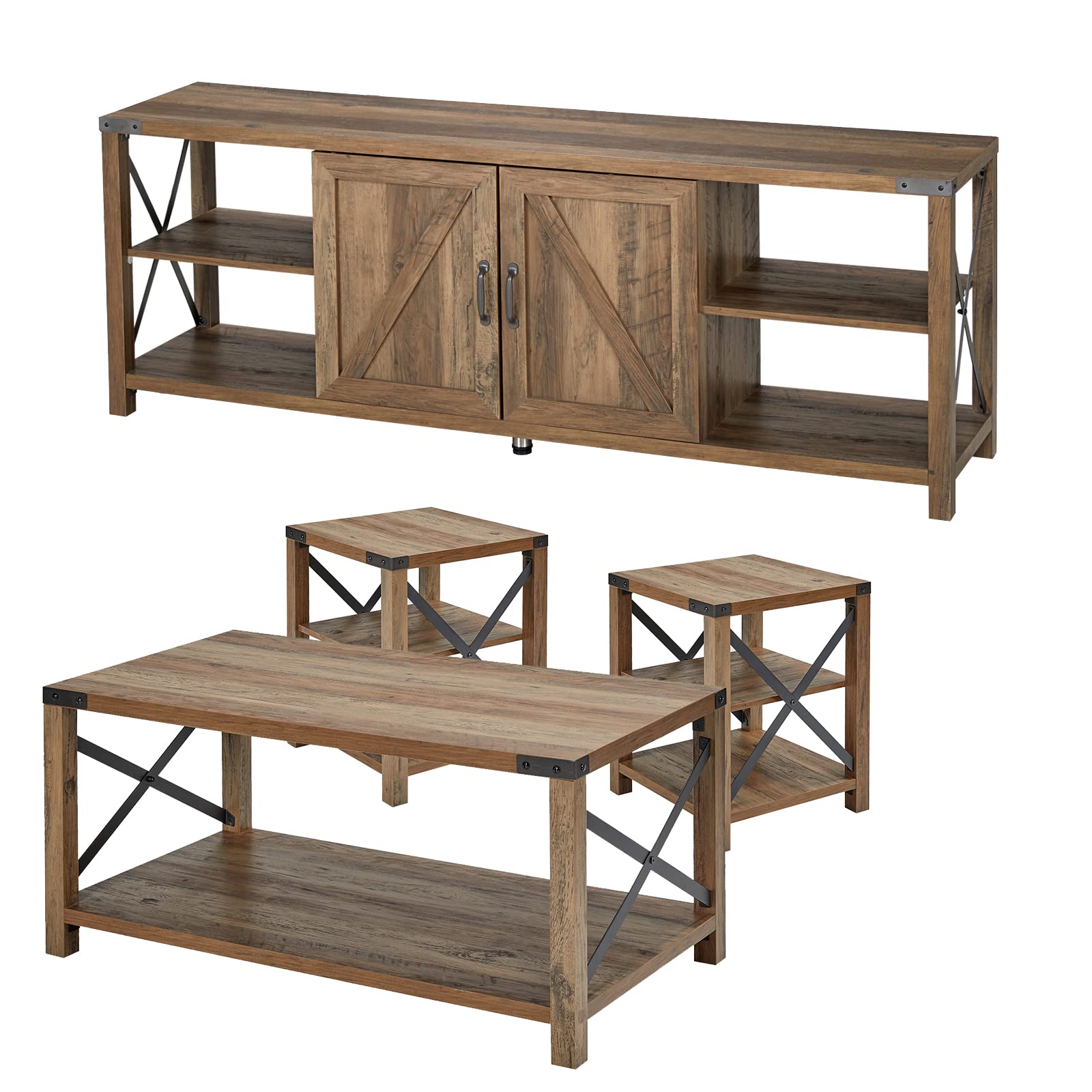 AMERLIFE 4-Piece Industrial Living Room Table Set - Includes TV Stand, Coffee Table, & Two End Tables - Rustic Oak