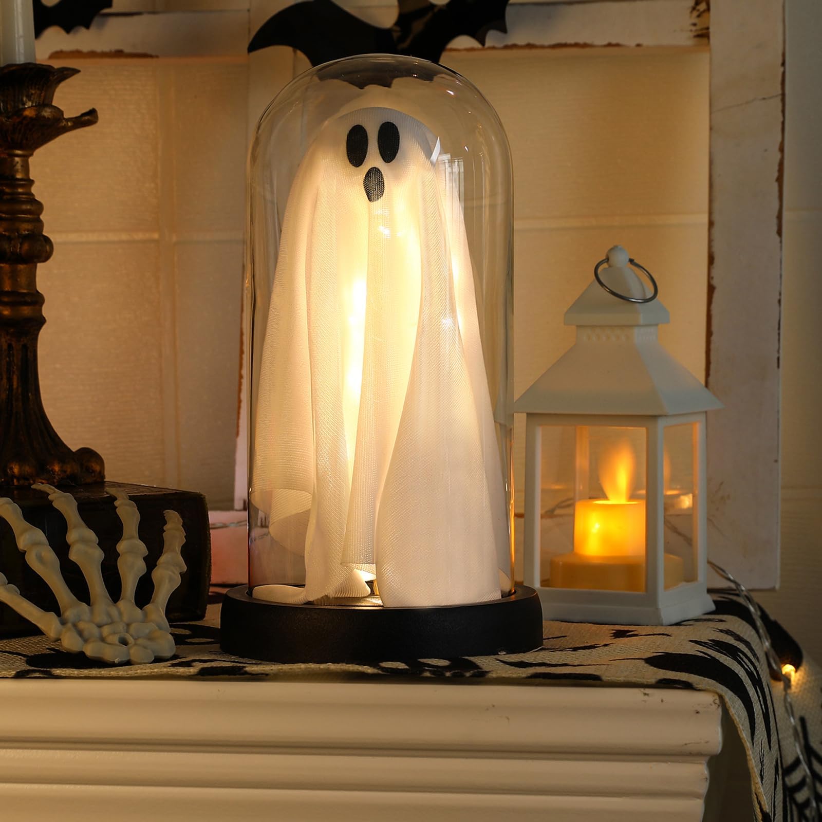 Ghost Halloween Decor, Light Up Ghost in Glass Cloche, Halloween Decorations Indoor, Cute Ghost with Light for Home, Mantel Tabletop, Party Decor and Holiday Decorations, Spooky Gift, 8.3 * 4.3 inch