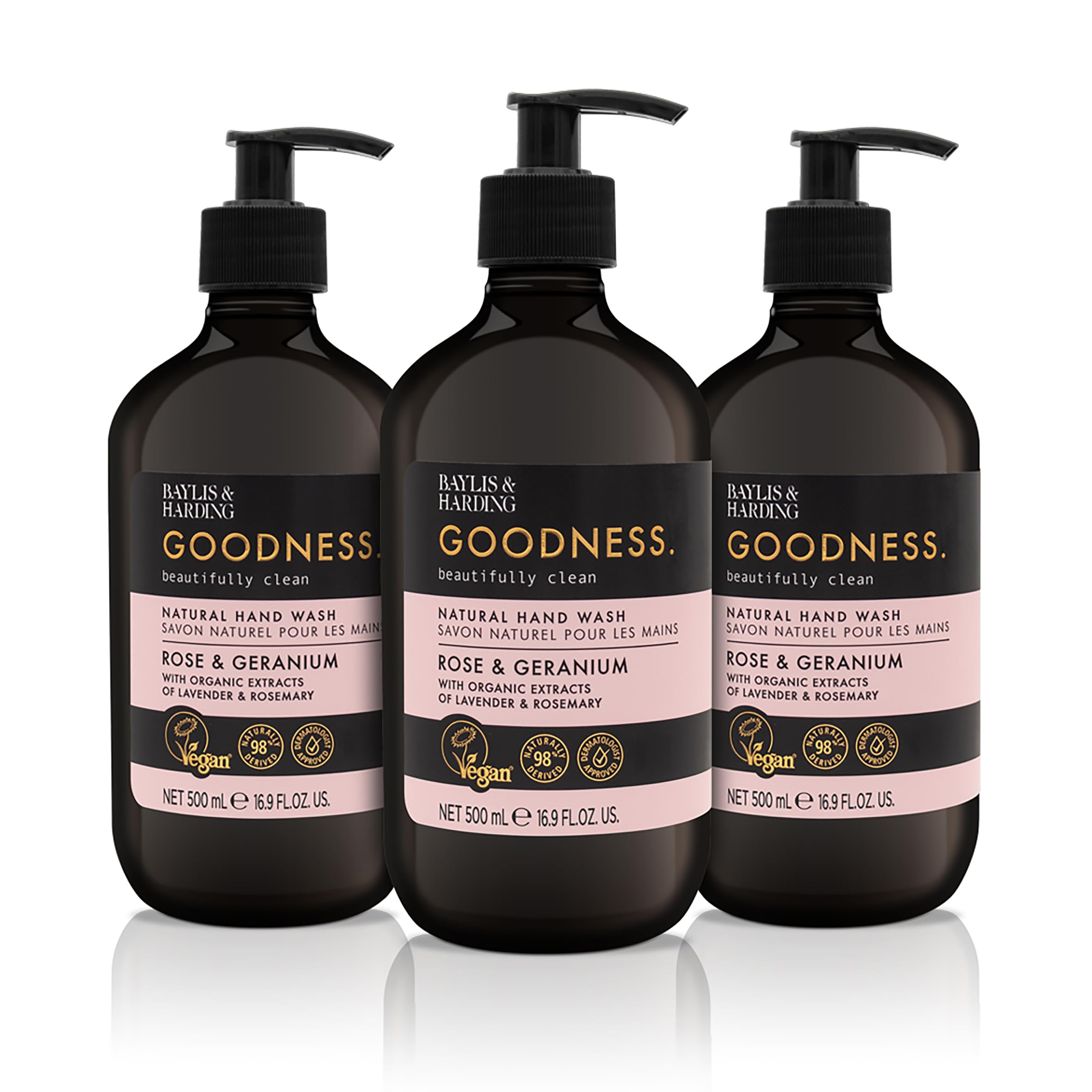 Baylis & Harding Goodness Rose & Geranium Natural Hand Wash, 500 ml (Pack of 3) - Vegan Friendly