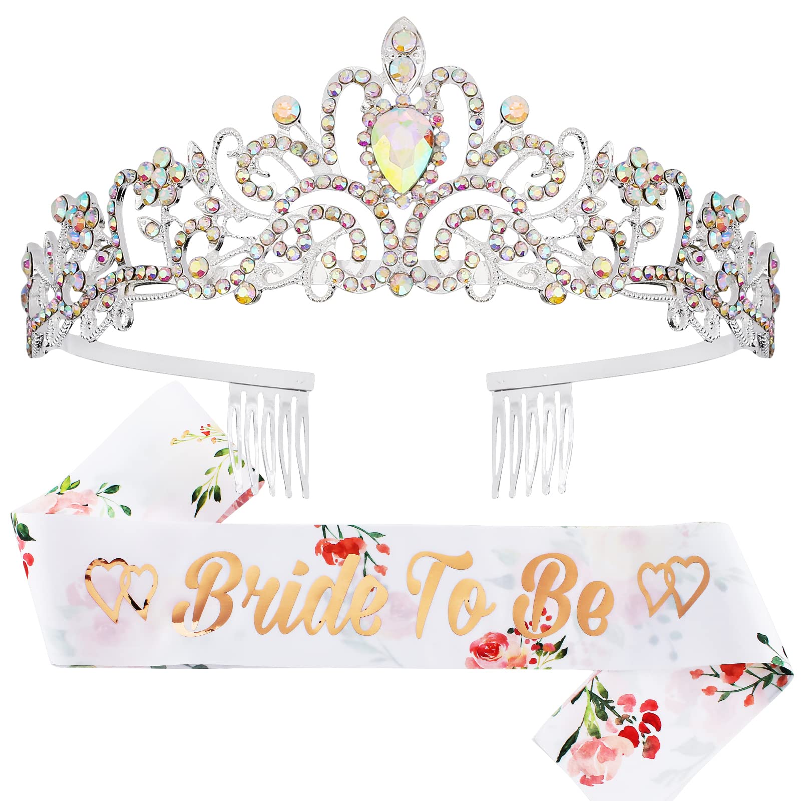 Casoty Bachelorette Party Decorations, Silver AB Rhinestone Tiara & Bride to Be Sash, Bride Sash for Bridal Shower, Bridal Shower Gifts for Bride to Be, White Printed Sash Bride to Be Gifts