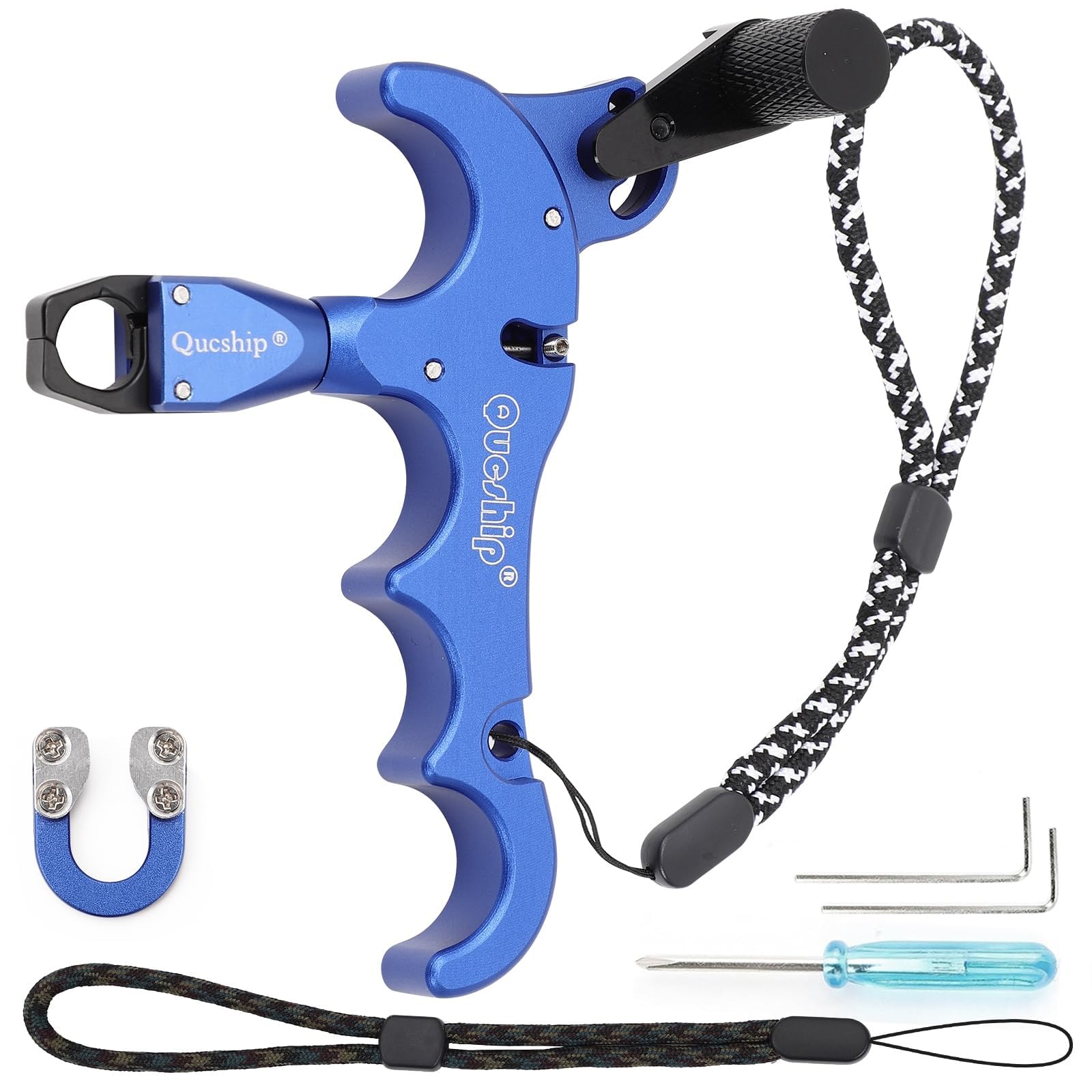 Qucship4 Finger Thumb Release for Compound Bow with D Loop and Anti-Slip Wrist Straps, Stainless Steel 360° Rotate Caliper Archery Thumb Release Accessories, Blue Thumb Release Archery Aid