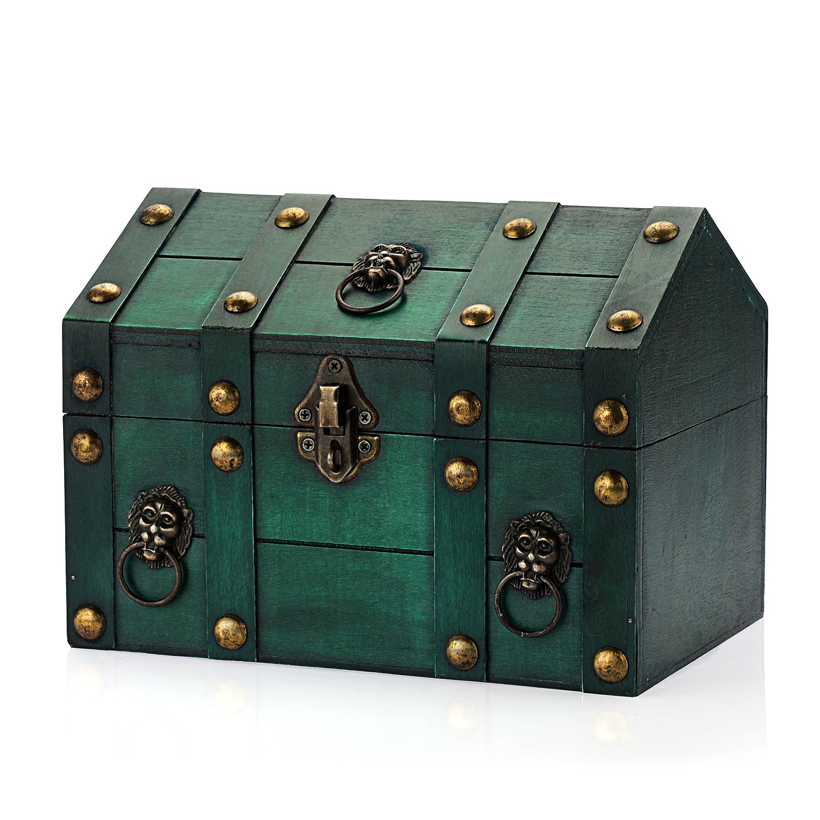 ELLDOO Vintage Treasure Chest Box, Pirate Keepsakes Box for Kids Gifts Pirate Theme Party, Wooden Treasure Storage Box Decorative Box for Jewelry Pearl Trinkets, Vintage Green