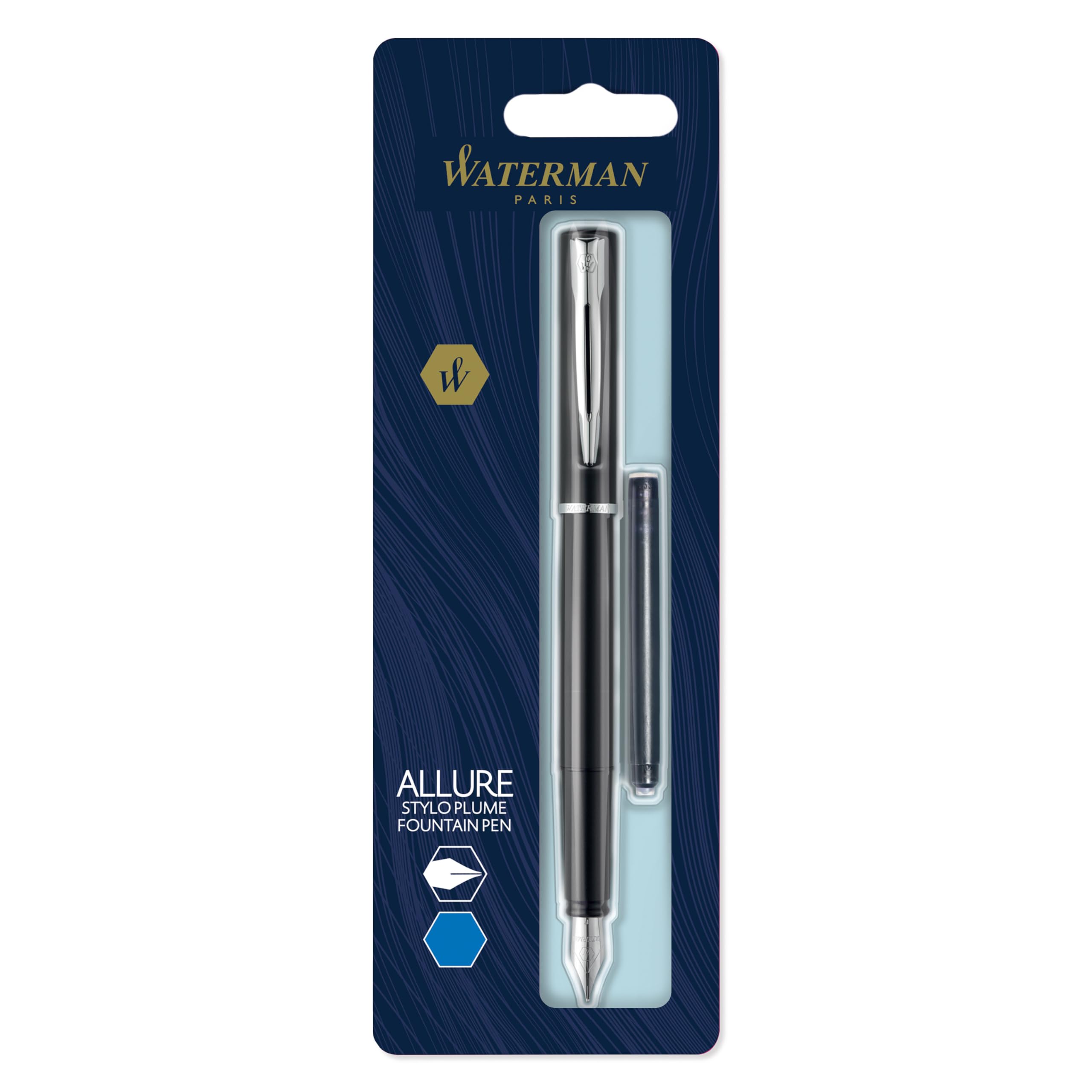 WatermanAllure Fountain Pen, Fine Point, 0.5 mm, Black Barrel, Blue Ink