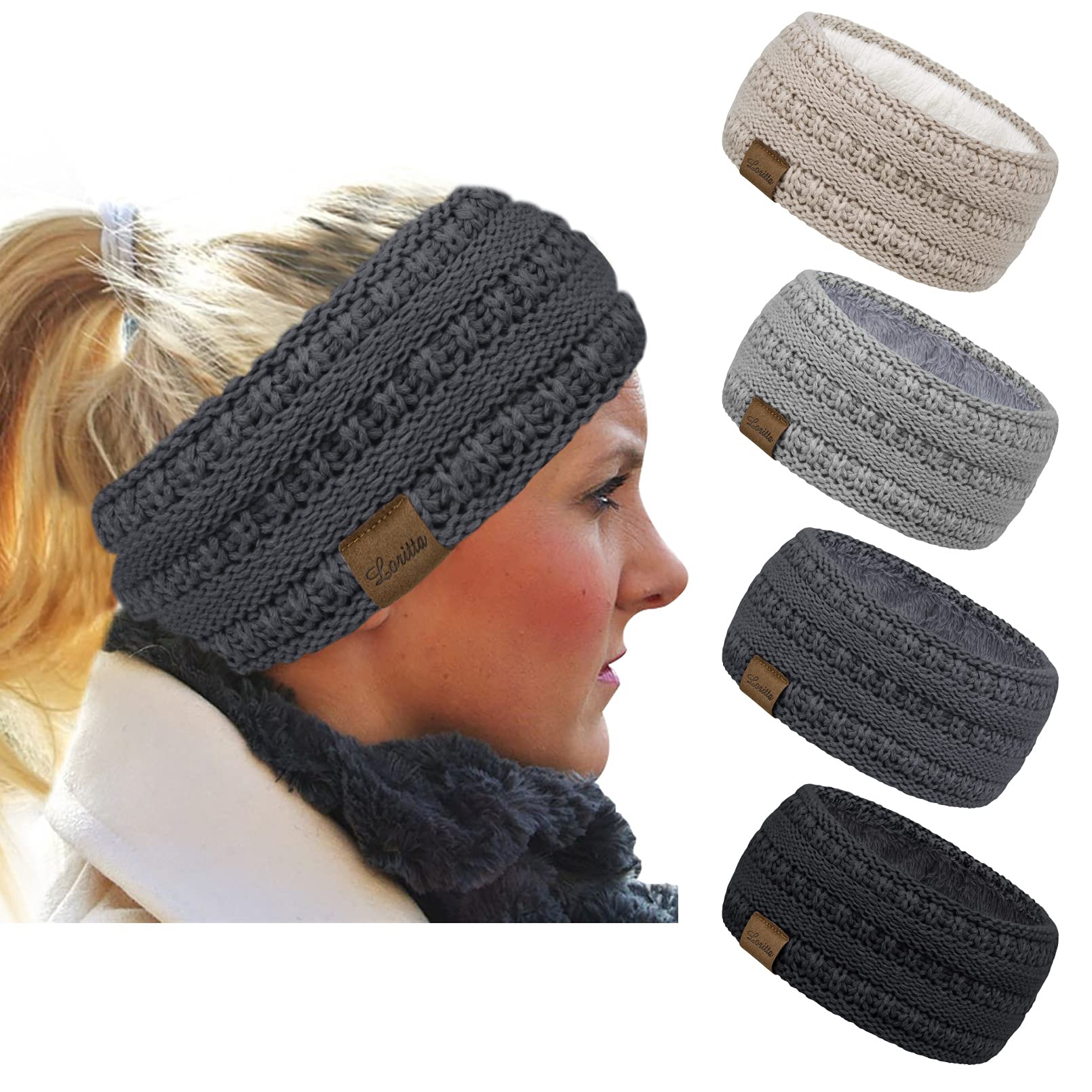 Loritta4 Pack Womens Winter Headbands Fuzzy Fleece Lined Ear Warmer Cable Knit Thick Warm Crochet Headband Gifts