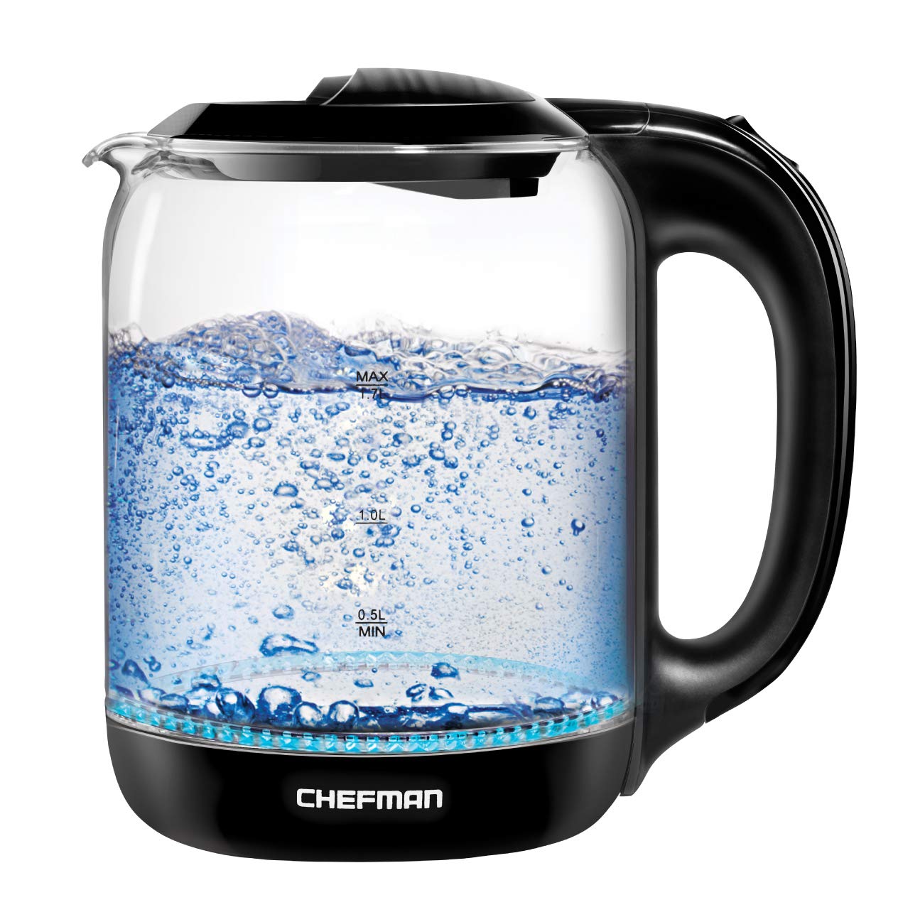 Chefman1.7 Liter Electric Glass Tea Kettle, Fast Hot Water Boiler, One Touch Operation, Boils 7 Cups, Swivel Base & Cordless Pouring, Auto Shut-Off