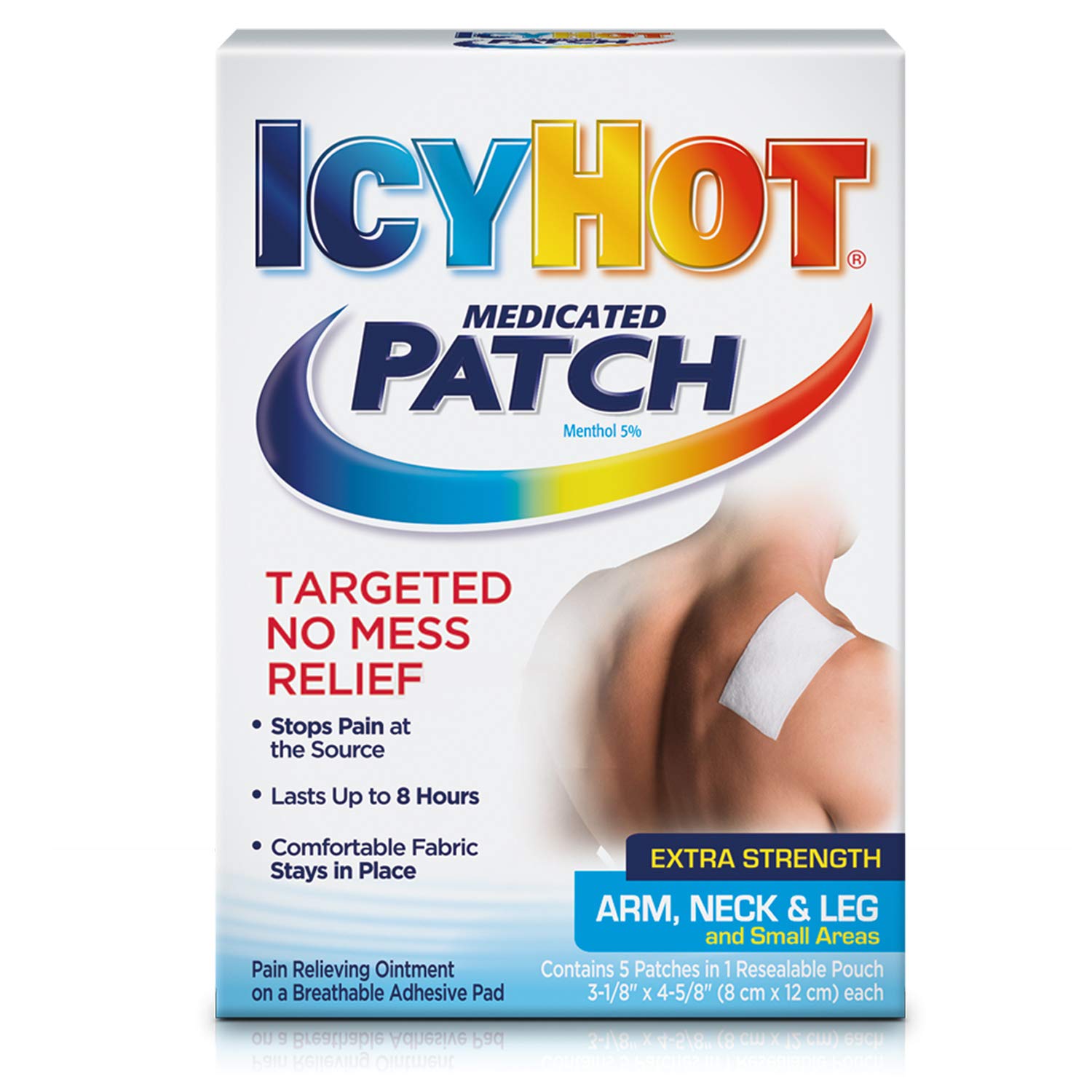 Icy Hot Extra Strength Medicated Patch, Small, 5-Count Box (Pack of 3) Temporarily Relieves Minor Pain Associated with Arthritis, Simple Backache, Muscle Strains, Sprains, Bruises, and Cramps