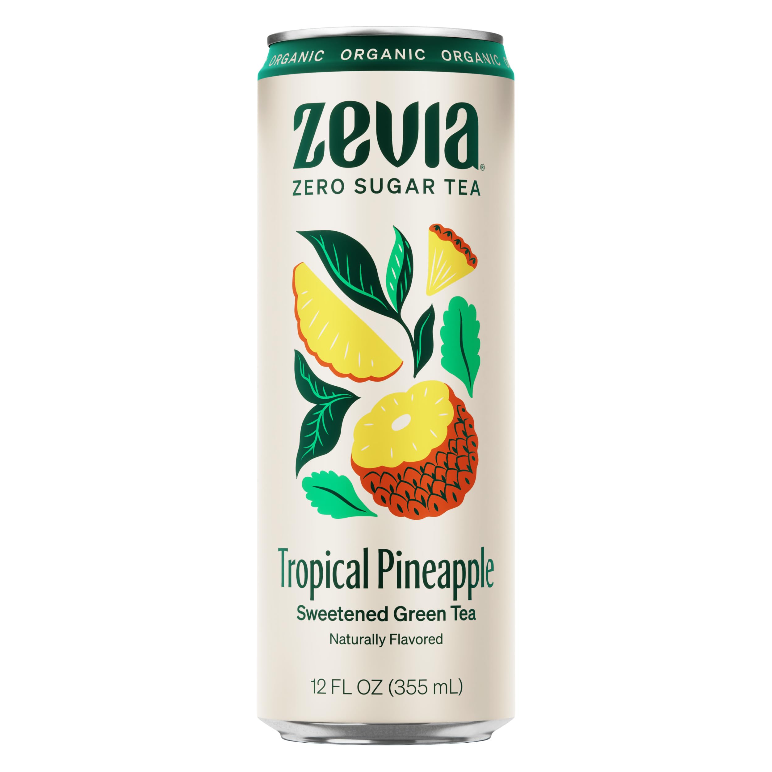 ZeviaOrganic Sugar Free Iced Tea, Green Tea Tropical Pineapple, 12 Ounce Can