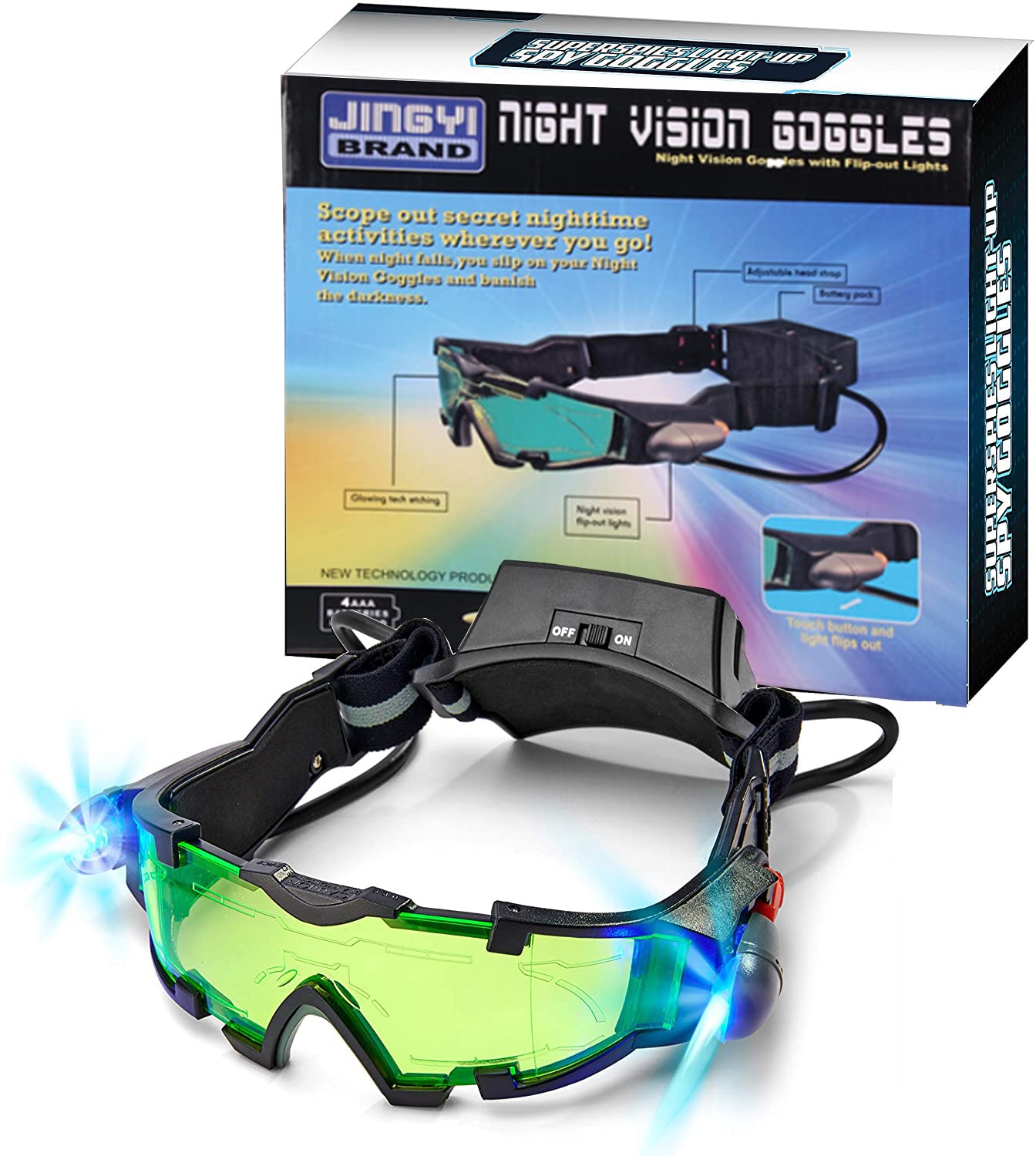 ALLOMNSpy Night Vision Goggles with Flip-Out, Adjustable Kids LED Night Green Lens Glasses for Hunting Racing Bicycling, Skying to Protect Eyes