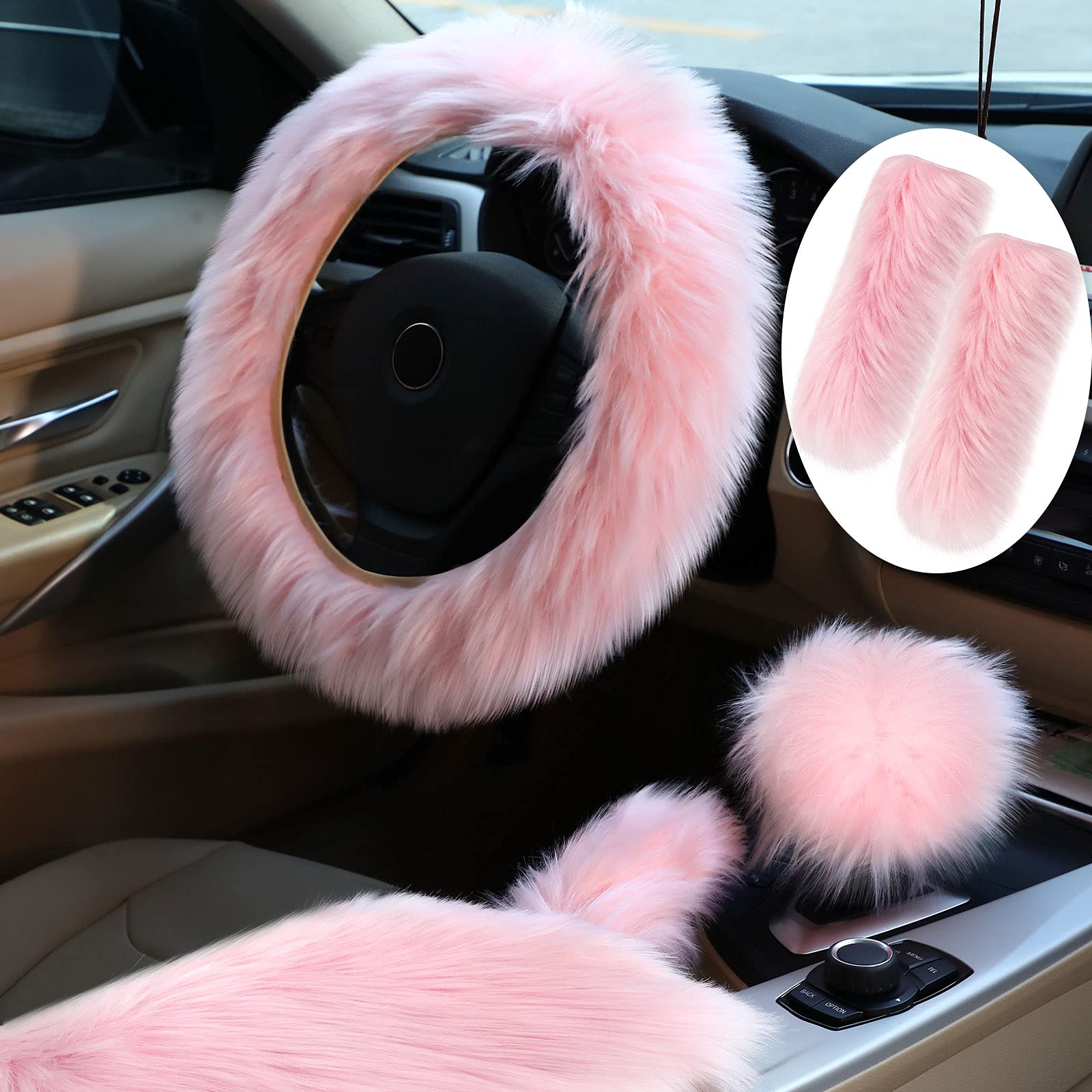 6 Pieces Fluffy Steering Wheel Covers Winter Wool Fur Handbrake Cover Warm Gear Steering Wheel Cover Center Console Seat Belt Shoulder Pads Accessories Furry Non-slip Car Decor (Pink,Long Hair)