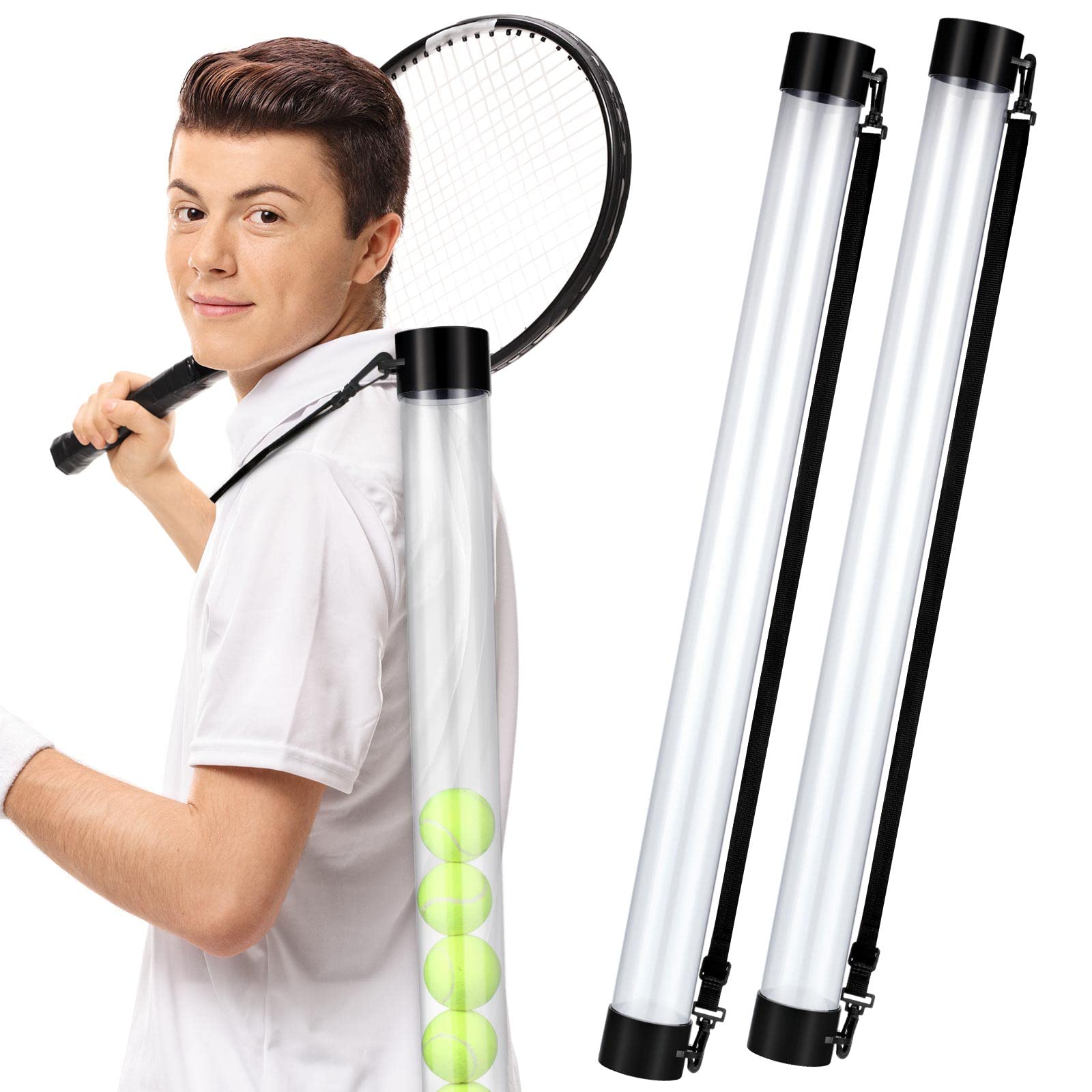 Lenwen2 Pcs Tennis Ball Pick up Tube with Shoulder Strap Lightweight Ball Collector Easy Tennis Ball Holder Tennis Ball Picker Tennis Ball Grabber Tennis Ball Retriever Tube Carrier for Court Player