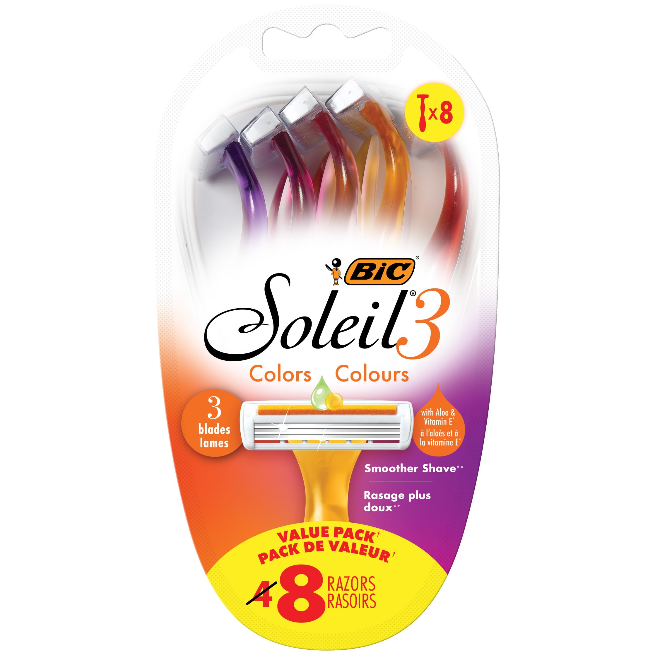 BICSoleil SMOOTH COLORS Disposable Razors for Women Sensitive Skin Razor With Aloe Vera and Vitamin E Lubricating Strip and 3 Blades, 8 Piece Razor Set