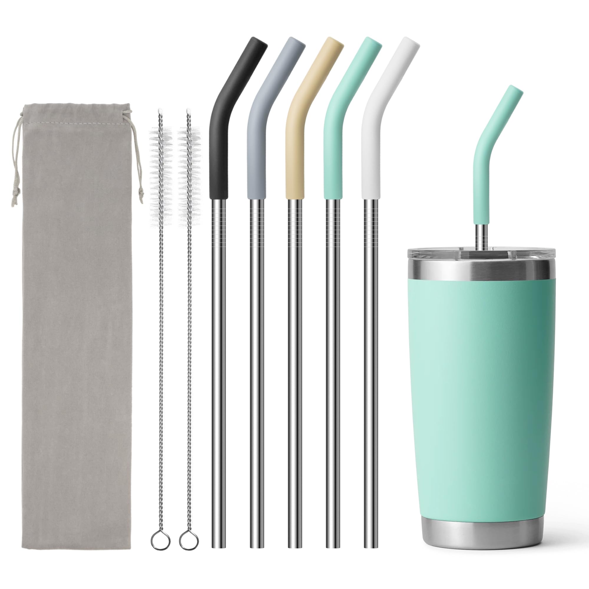 Metal Straws for 20 oz YETI, Stanley Cup, 5 Pcs Stainless Steel Straws with Silicone Tip for Simple Modern CIVAGO, ALBOR, BJPKPK 20 oz Tumbler, Cleaning Brush, 1 Portable Bag