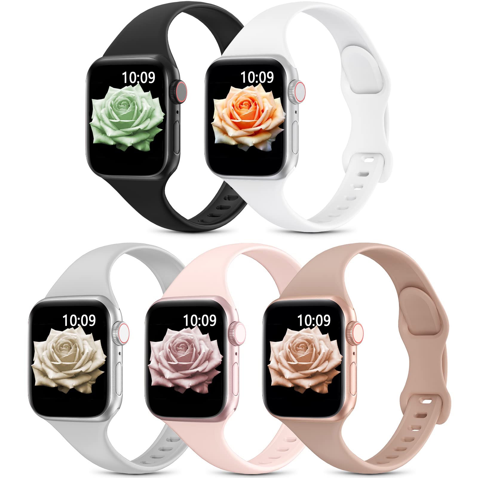 5 Pack Slim Sport Bands Compatible with Apple Watch Band 38mm 40mm 41mm 42mm 44mm 45mm 49mm for Women Men,Soft Silicone Thin Narrow Skinny Cute Strap for iWatch Series Ultra 8 7 6 5 4 3 2 SE