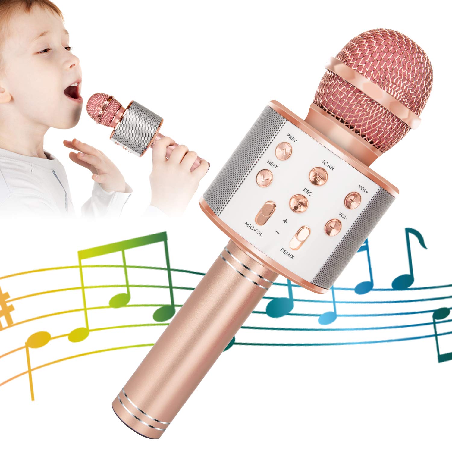 KIDWILL Wireless Bluetooth Karaoke Microphone for Kids, 5-in-1 Portable Handheld Karaoke Mic Speaker Player Recorder with Adjustable Remix FM Radio for Kids Girls Boys Teens Birthday (858-Rose Gold)