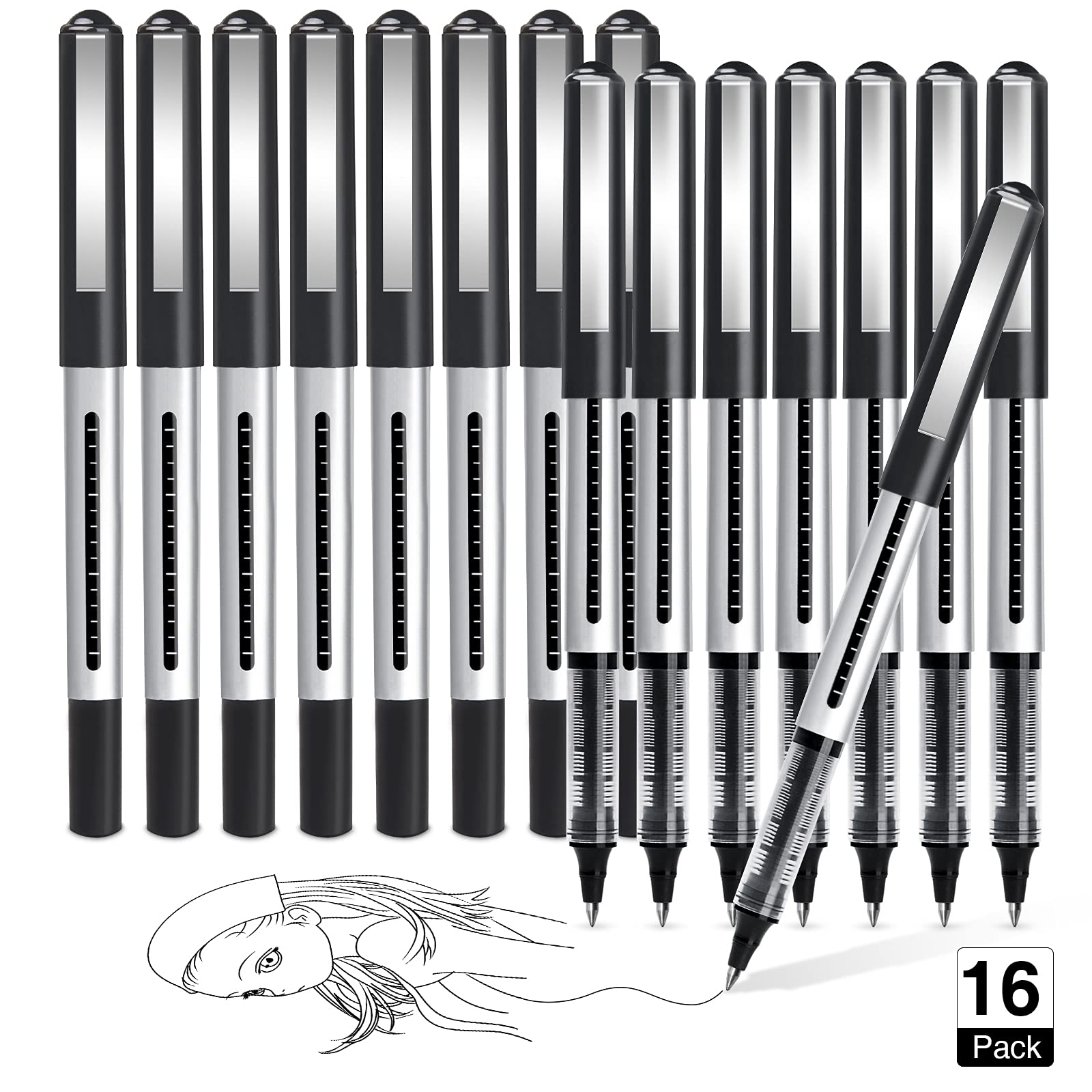 AKARUED Rollerball Pens 16 Pack Black Gel Pens, 0.5mm Liquid Ink Quick-Drying Ballpoint Pens Writing Pens for Bullet Journal, Notebook. School & Office Supplies for Students Adults