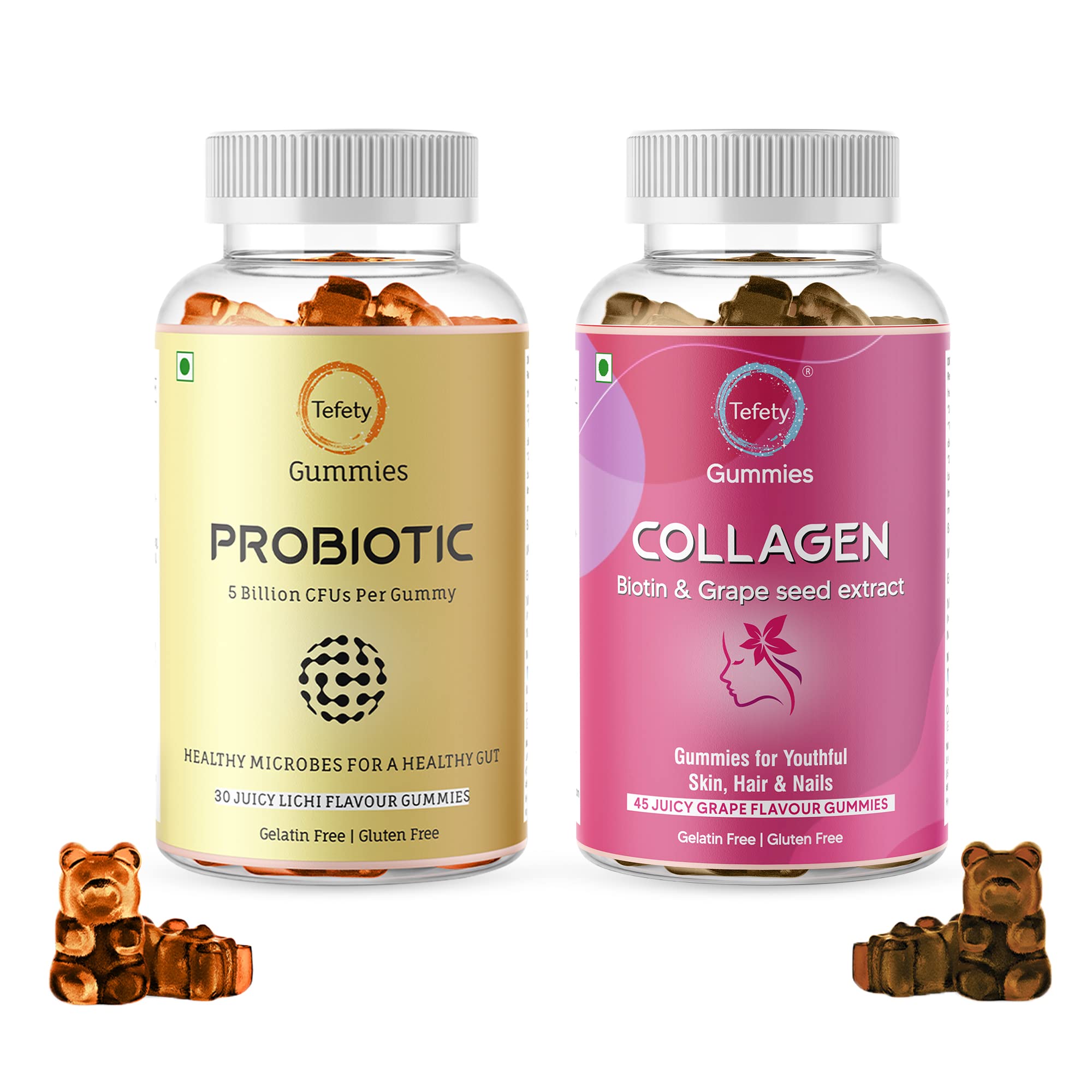 Tefety Collagen Builder & Probiotic Combo | Gut Health & Immunity Booster Supplement For Men & Women | Supplement for Hair, Skin & Nail with Goodness Of Vitamin C, E, Zinc | Gummy Bears