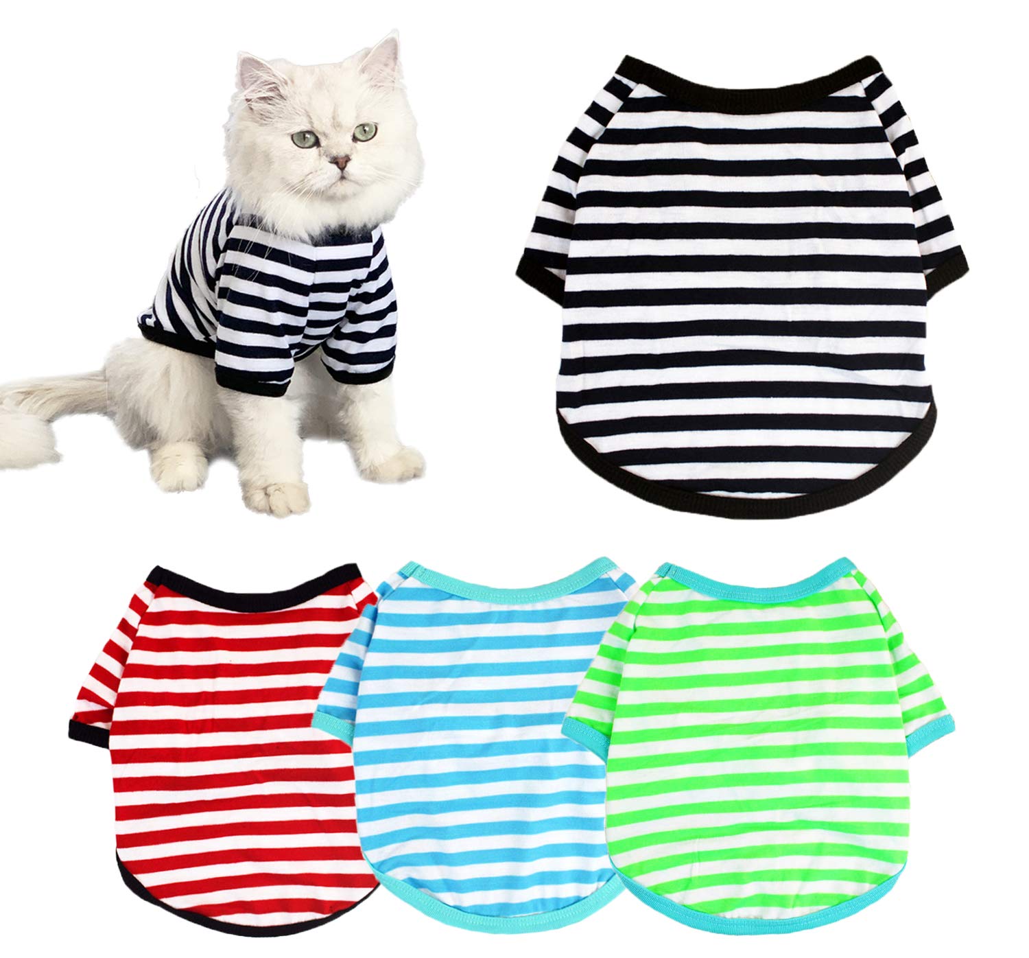 4-Pack Dog Shirts Pet Summer Doggie Clothes Breathable Striped Outfits Puppy T-Shirts Apparel for Small Dog Cat Boy and Girl (XXL, Black & Red & Blue & Green)