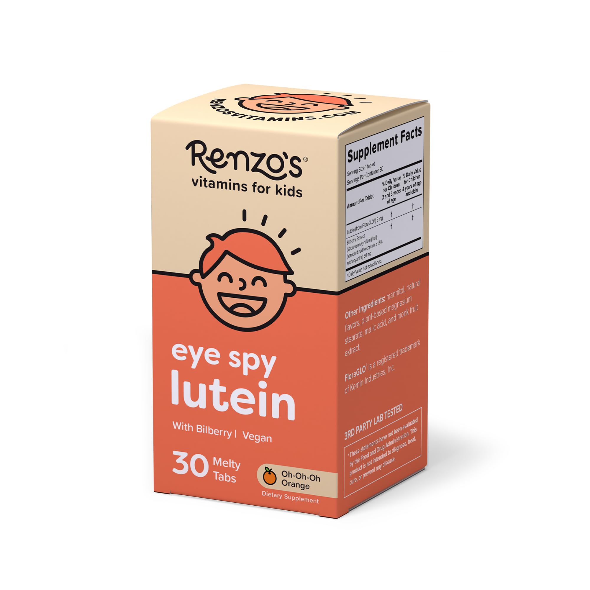 Renzo's Eye Spy Lutein with Bilberry Extract – Dissolvable Kids Vitamins for Eye Health - Sugar-Free Eye Supplements, 30 Orange-Flavored Melty Tabs