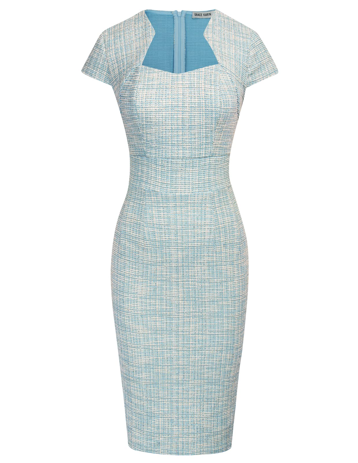 GRACE KARINCL7597 Women's 50s Vintage Pencil Dress Cap Sleeve Wobble Dress, Light blue (checked), M