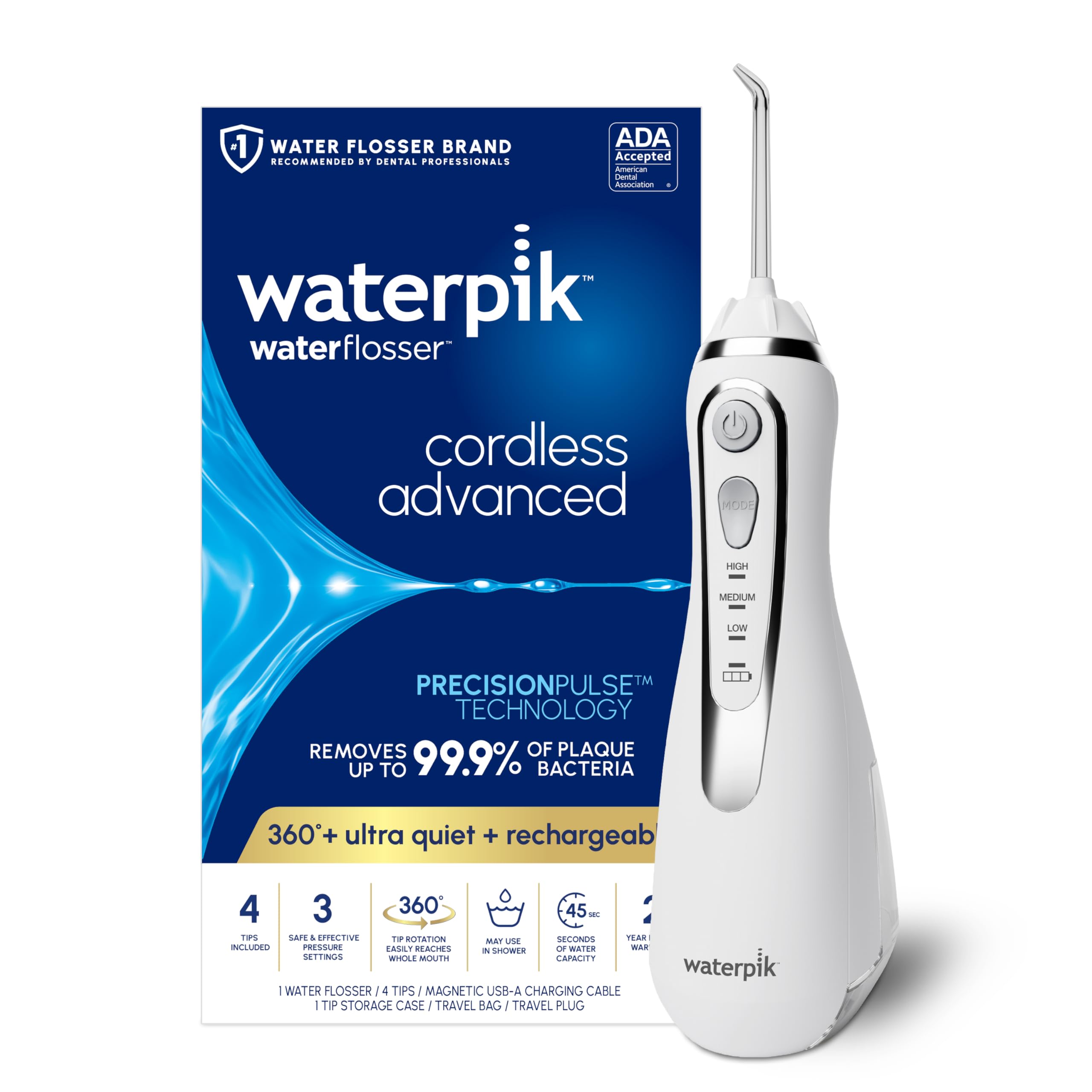 Waterpik Cordless Advanced 2.0 Water Flosser For Teeth, Gums, Braces, Dental Care With Travel Bag and 4 Tips, ADA Accepted, Rechargeable, Portable, and Waterproof, White WP-580, Packaging May Vary